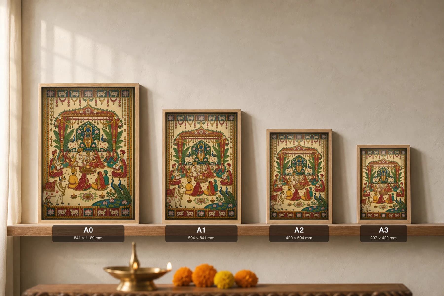 Vivaah Mandap Pichwai-Style Print — A Wedding Blessed with Krishna and the Sacred Cow · collector A2 · contemporary × Nathdwara Pichwai fusion — print size guide showing the artwork at A0, A1, A2 and A3 in natural-oak frames at true relative scale