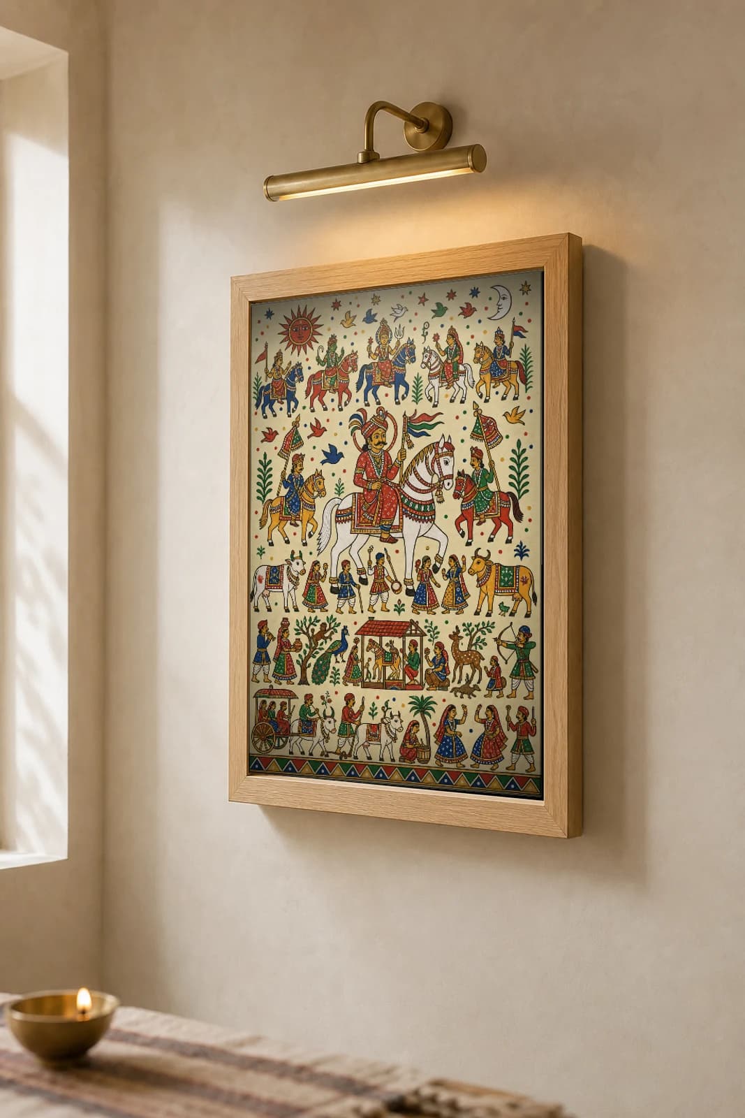 Baba Pithoro on the White Horse — classical Pithora ritual-mural print · central-deity · Rathwa-Bhil folk art of Chhota Udepur, Gujarat — the framed print shown at a three-quarter angle on a styled gallery wall in a natural-oak frame