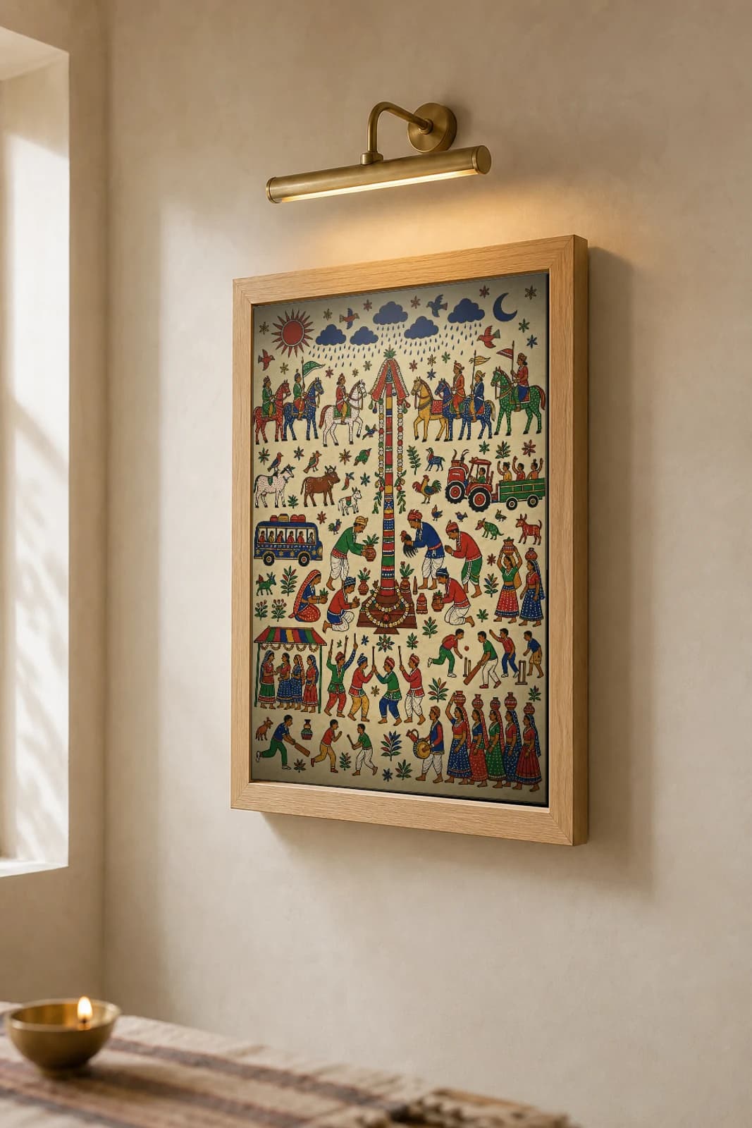 Babo Ind — the Indra pole worship · contemporary × Pithora fusion print · Rathwa-Bhil folk art of Chhota Udepur, Gujarat — the framed print shown at a three-quarter angle on a styled gallery wall in a natural-oak frame