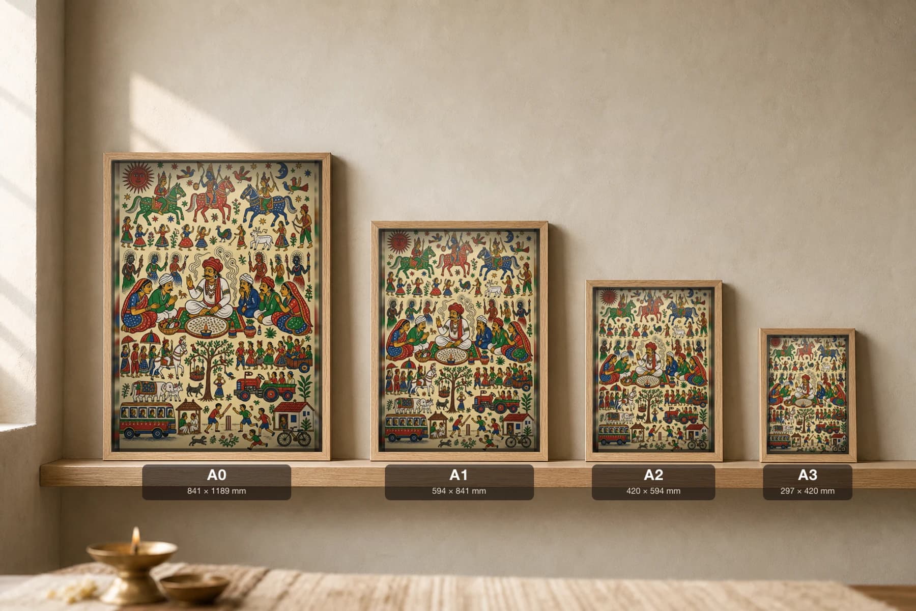 The Badva Divining — the priest-diviner reading the offering · contemporary × Pithora fusion print · Rathwa-Bhil folk art of Chhota Udepur, Gujarat — print size guide showing the artwork at A0, A1, A2 and A3 in natural-oak frames at true relative scale