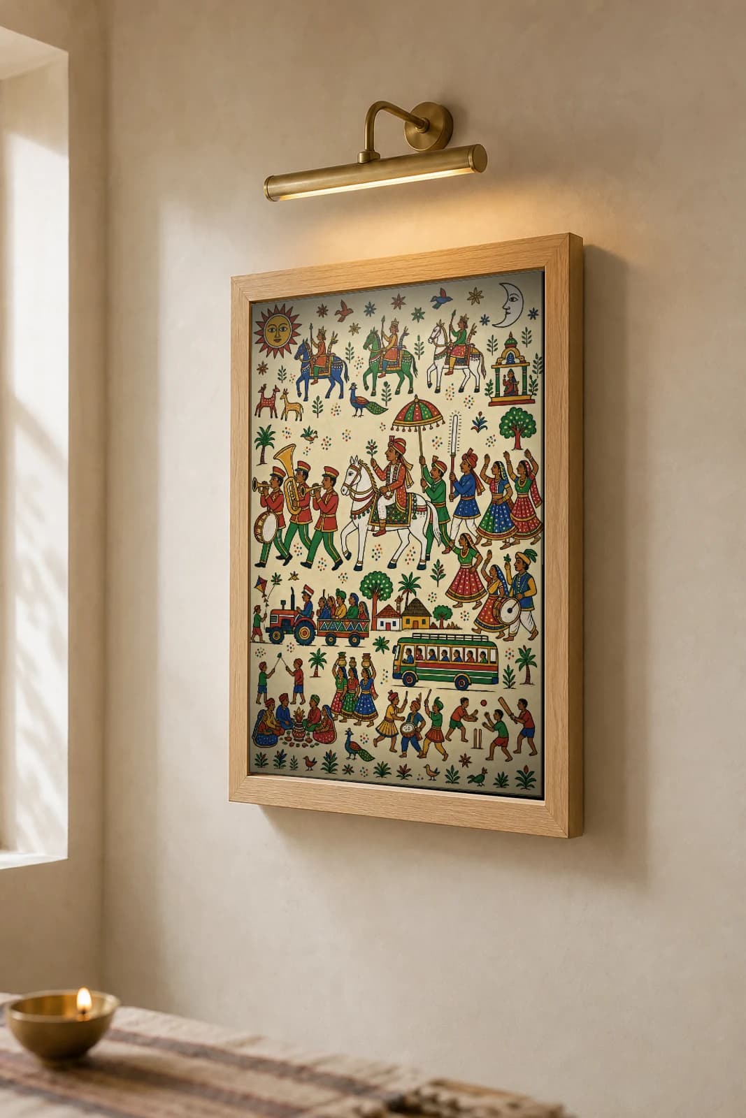 The Baraat — the wedding procession with brass band · contemporary × Pithora fusion print · Rathwa-Bhil folk art of Chhota Udepur, Gujarat — the framed print shown at a three-quarter angle on a styled gallery wall in a natural-oak frame