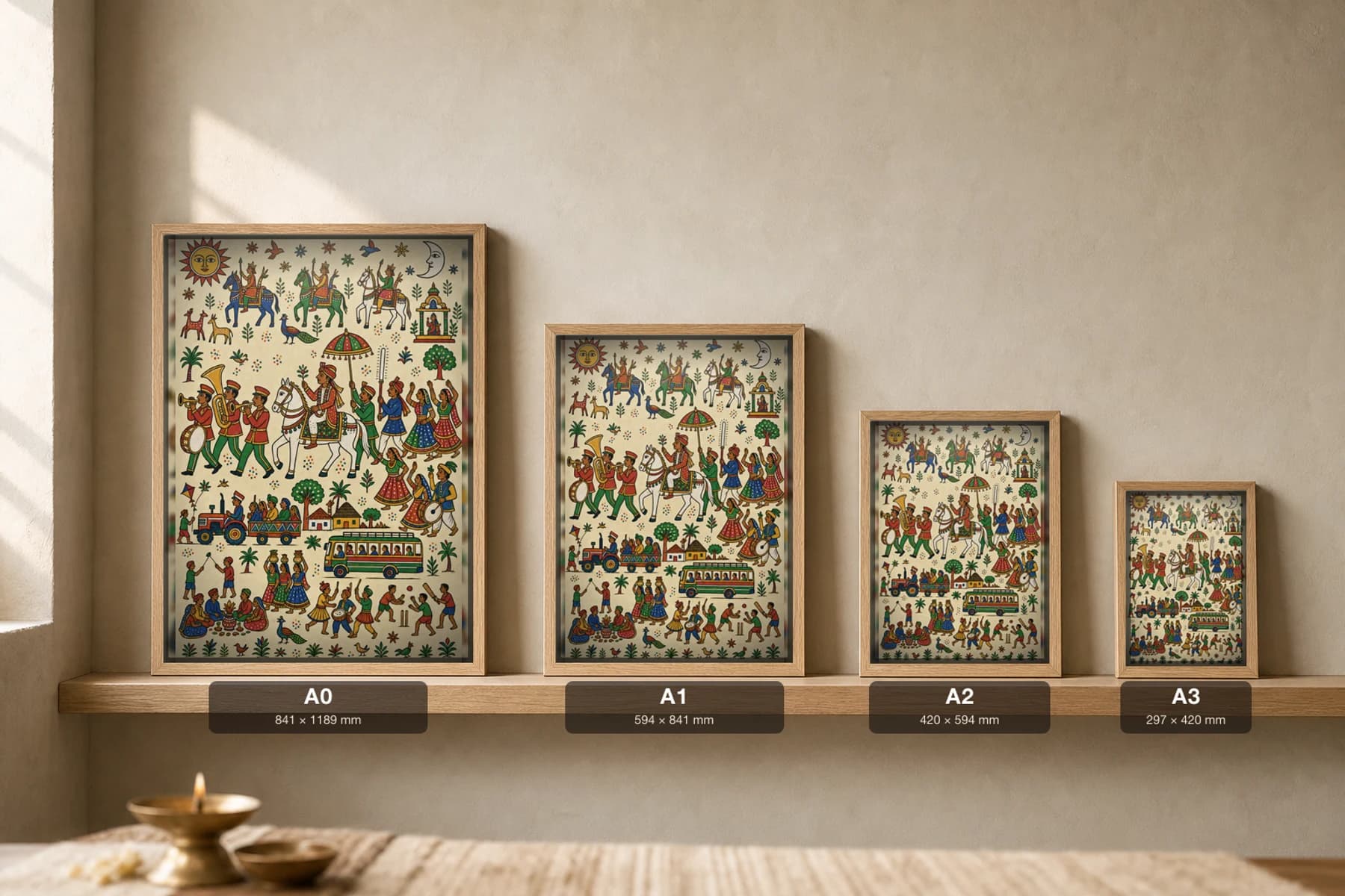 The Baraat — the wedding procession with brass band · contemporary × Pithora fusion print · Rathwa-Bhil folk art of Chhota Udepur, Gujarat — print size guide showing the artwork at A0, A1, A2 and A3 in natural-oak frames at true relative scale