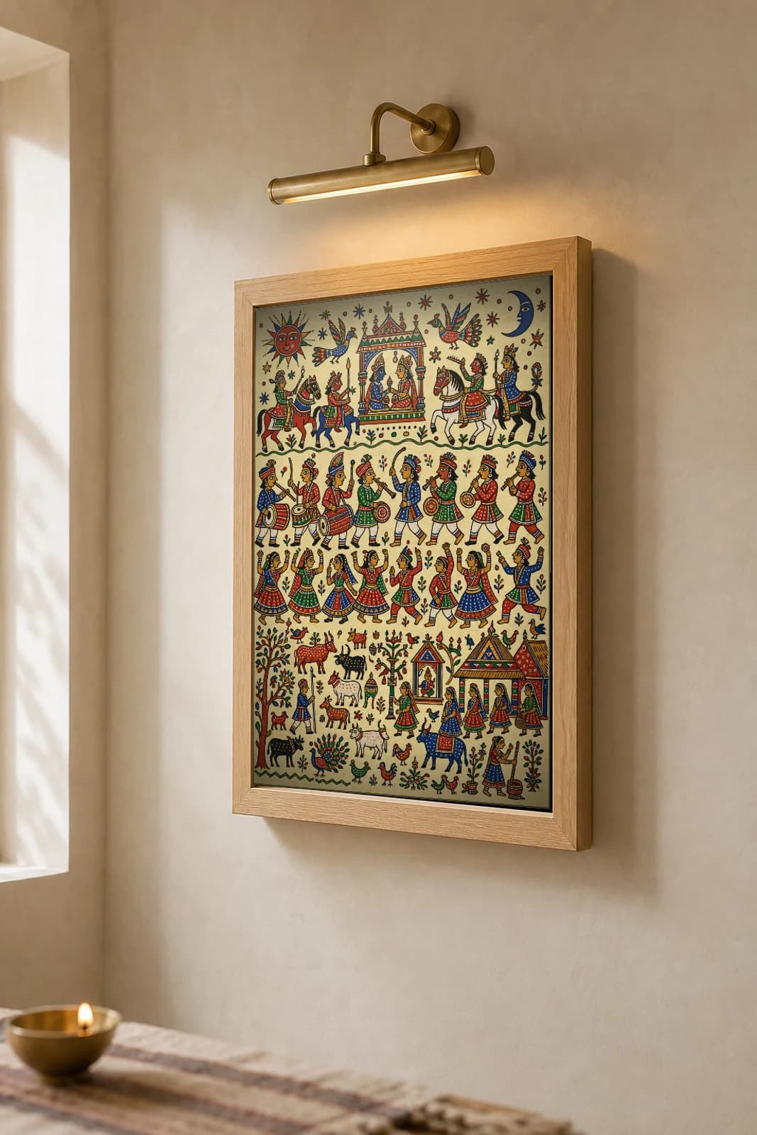 Wedding Band — drummers and dancers at the divine wedding · classical Pithora ritual-mural print · Rathwa-Bhil folk art of Chhota Udepur, Gujarat — the framed print shown at a three-quarter angle on a styled gallery wall in a natural-oak frame