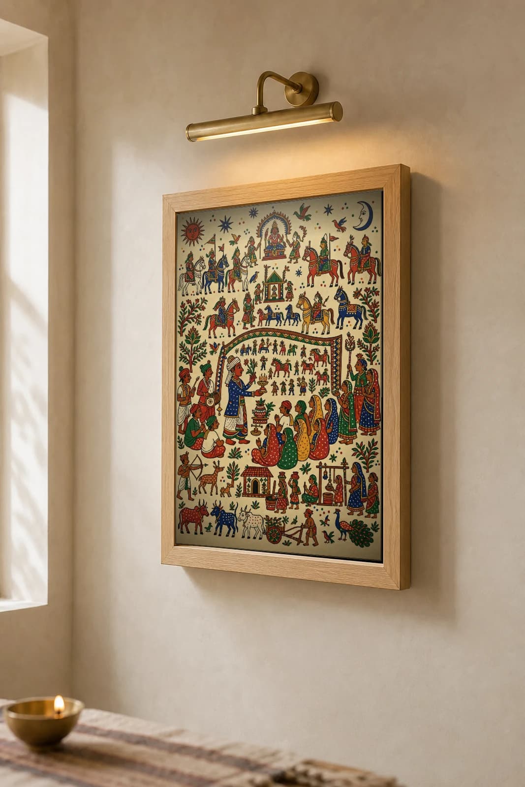 The Bhopa — narrating the painted wall to the gathered women · classical Pithora ritual-mural print · Rathwa-Bhil folk art of Chhota Udepur, Gujarat — the framed print shown at a three-quarter angle on a styled gallery wall in a natural-oak frame