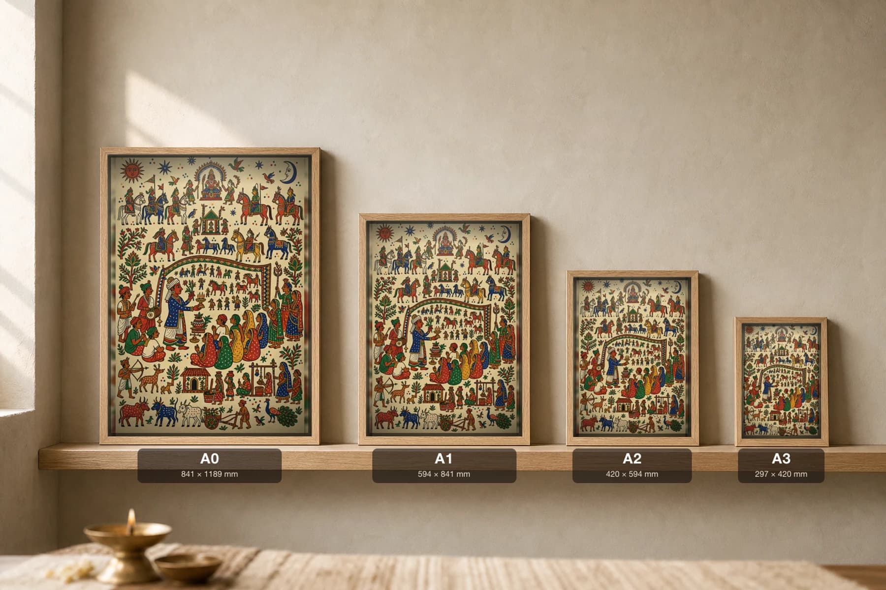 The Bhopa — narrating the painted wall to the gathered women · classical Pithora ritual-mural print · Rathwa-Bhil folk art of Chhota Udepur, Gujarat — print size guide showing the artwork at A0, A1, A2 and A3 in natural-oak frames at true relative scale