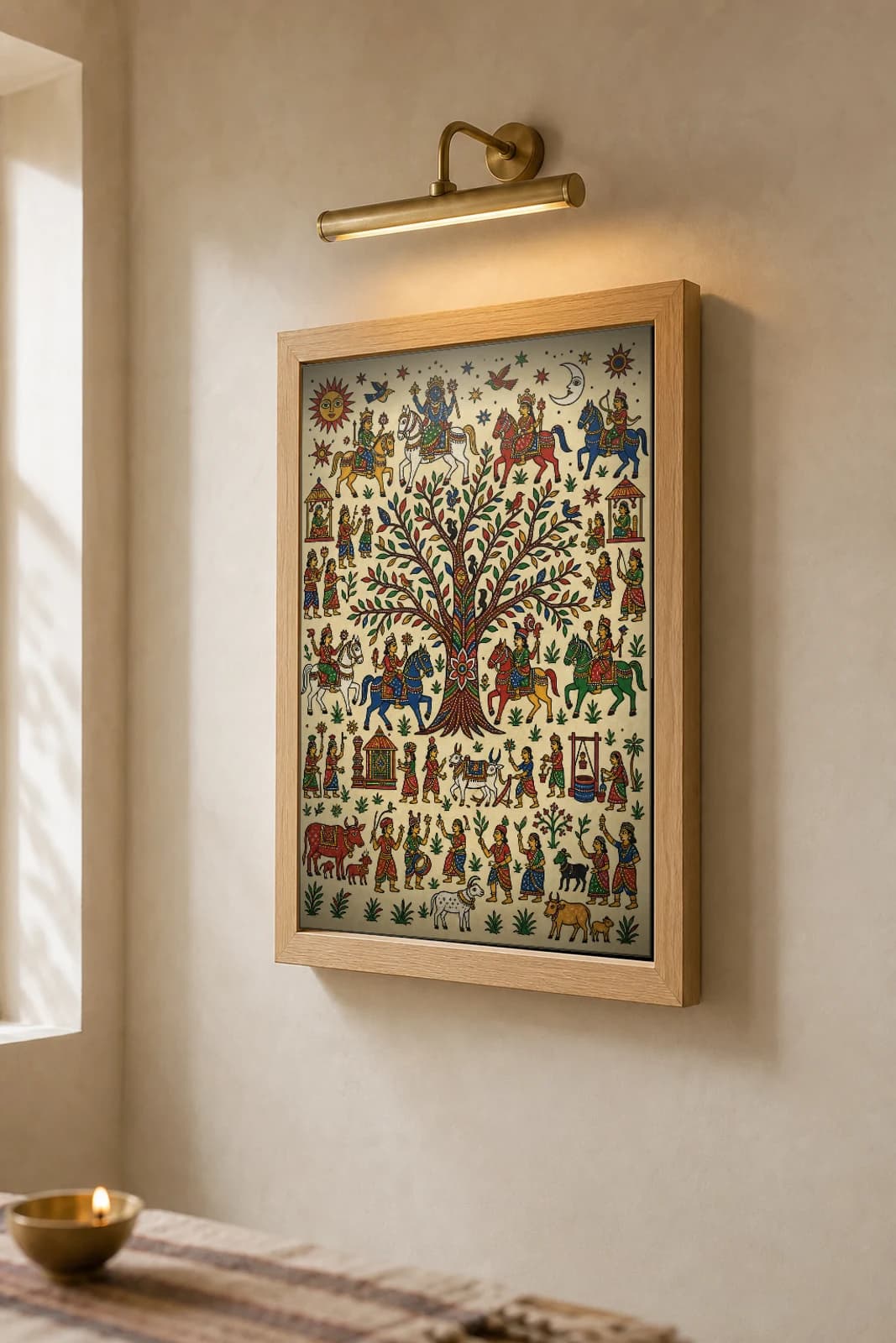 Tree of Life — the cosmic tree rising through the three worlds · classical Pithora ritual-mural print · Rathwa-Bhil folk art of Chhota Udepur, Gujarat — the framed print shown at a three-quarter angle on a styled gallery wall in a natural-oak frame