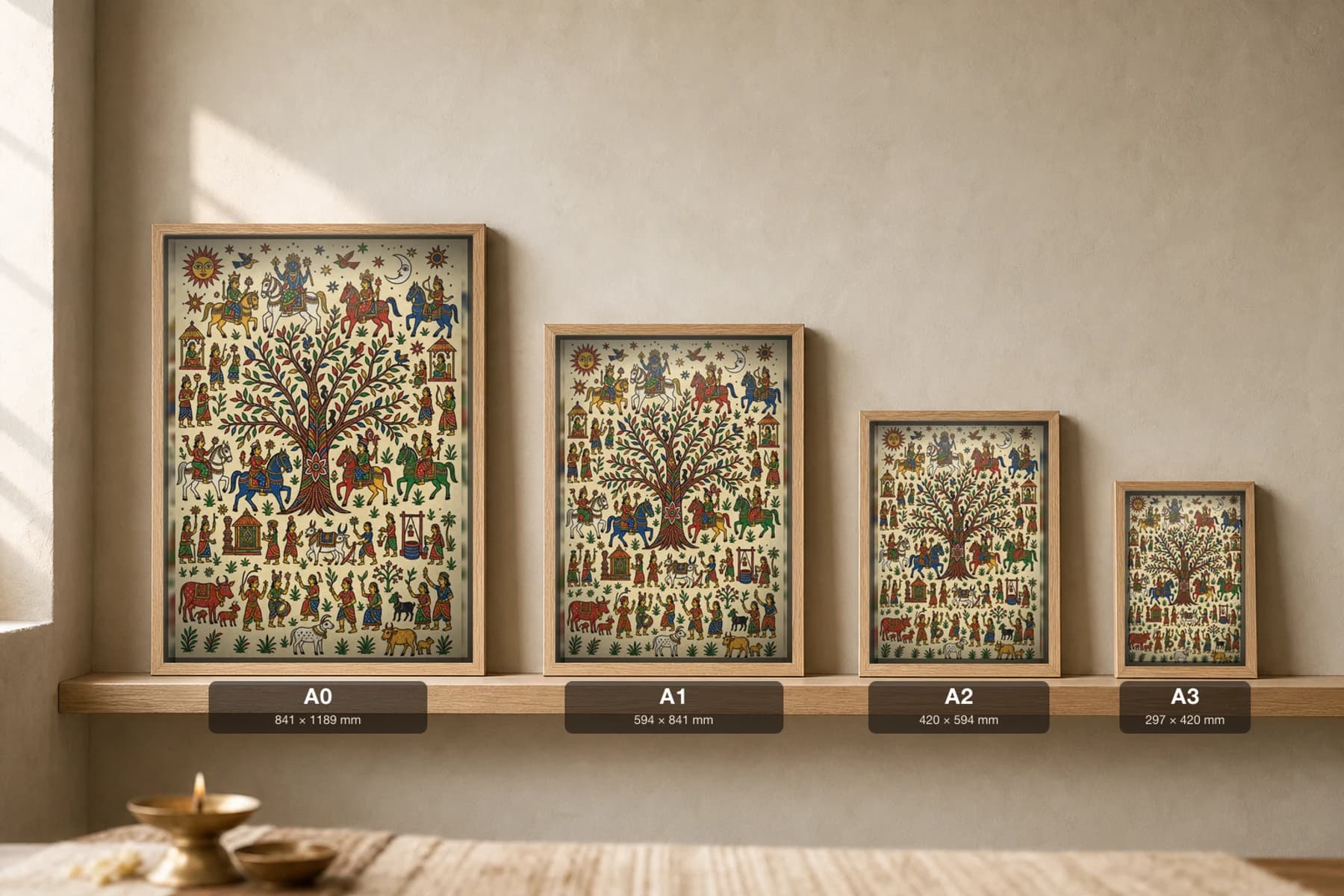 Tree of Life — the cosmic tree rising through the three worlds · classical Pithora ritual-mural print · Rathwa-Bhil folk art of Chhota Udepur, Gujarat — print size guide showing the artwork at A0, A1, A2 and A3 in natural-oak frames at true relative scale