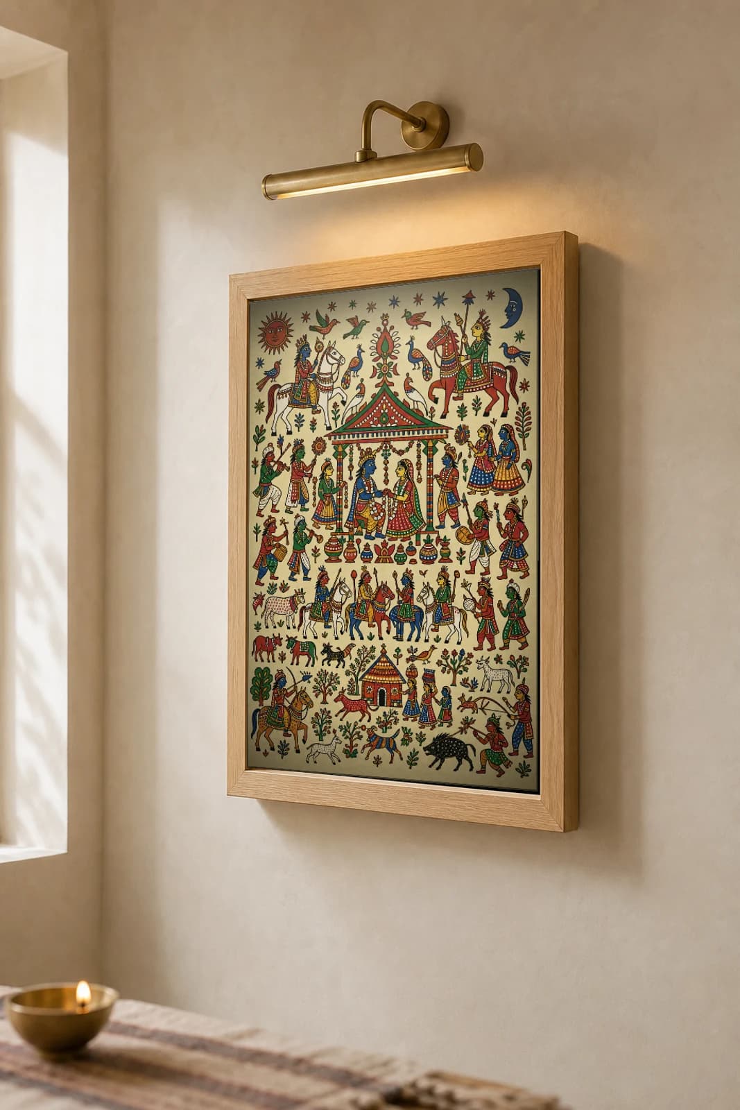 Pithoro's Wedding — the divine couple in the mandap · classical Pithora ritual-mural print · Rathwa-Bhil folk art of Chhota Udepur, Gujarat — the framed print shown at a three-quarter angle on a styled gallery wall in a natural-oak frame