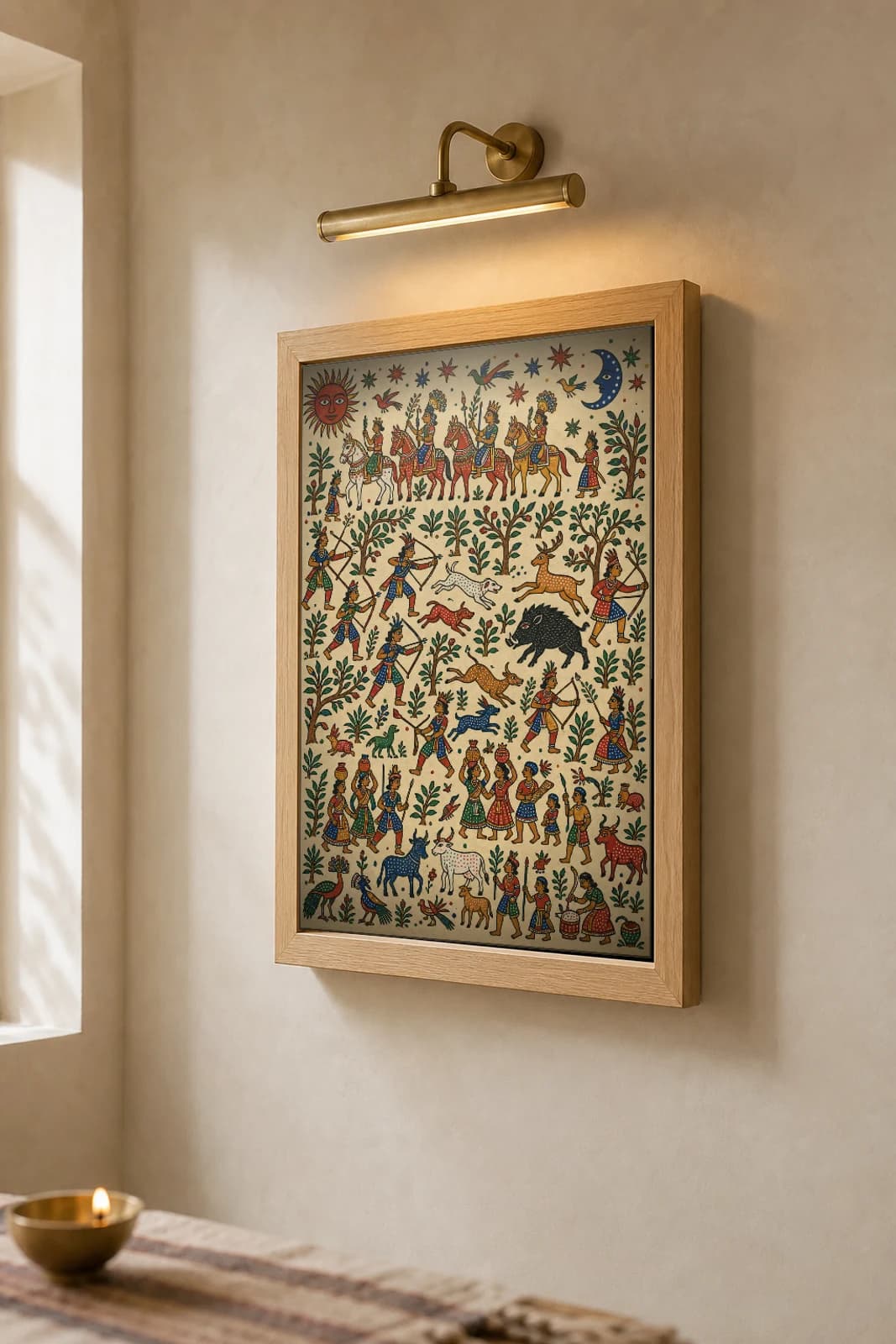 The Hunt — archers and forest game among the trees · classical Pithora ritual-mural print · Rathwa-Bhil folk art of Chhota Udepur, Gujarat — the framed print shown at a three-quarter angle on a styled gallery wall in a natural-oak frame