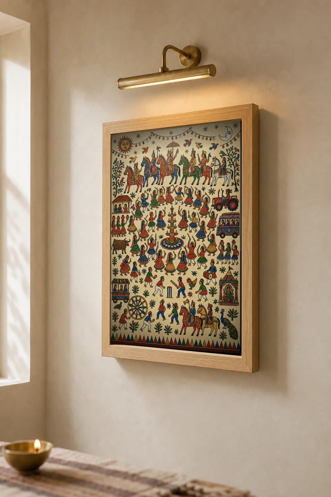 Garba Night — the dance circle around the garbo lamp · contemporary × Pithora fusion print · Rathwa-Bhil folk art of Chhota Udepur, Gujarat — the framed print shown at a three-quarter angle on a styled gallery wall in a natural-oak frame