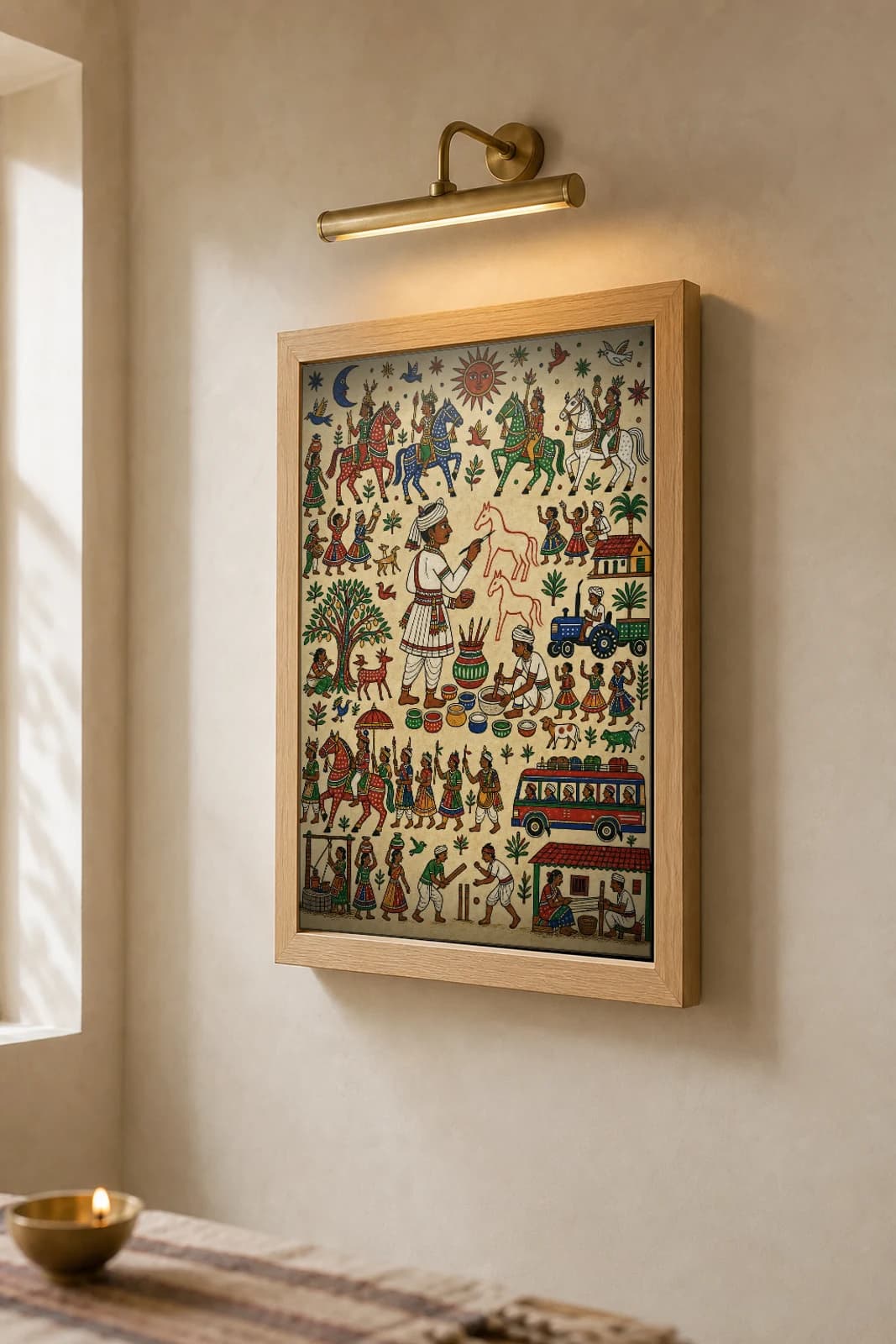 The Gor — the priest-painter drawing the horses on the wall · contemporary × Pithora fusion print · Rathwa-Bhil folk art of Chhota Udepur, Gujarat — the framed print shown at a three-quarter angle on a styled gallery wall in a natural-oak frame