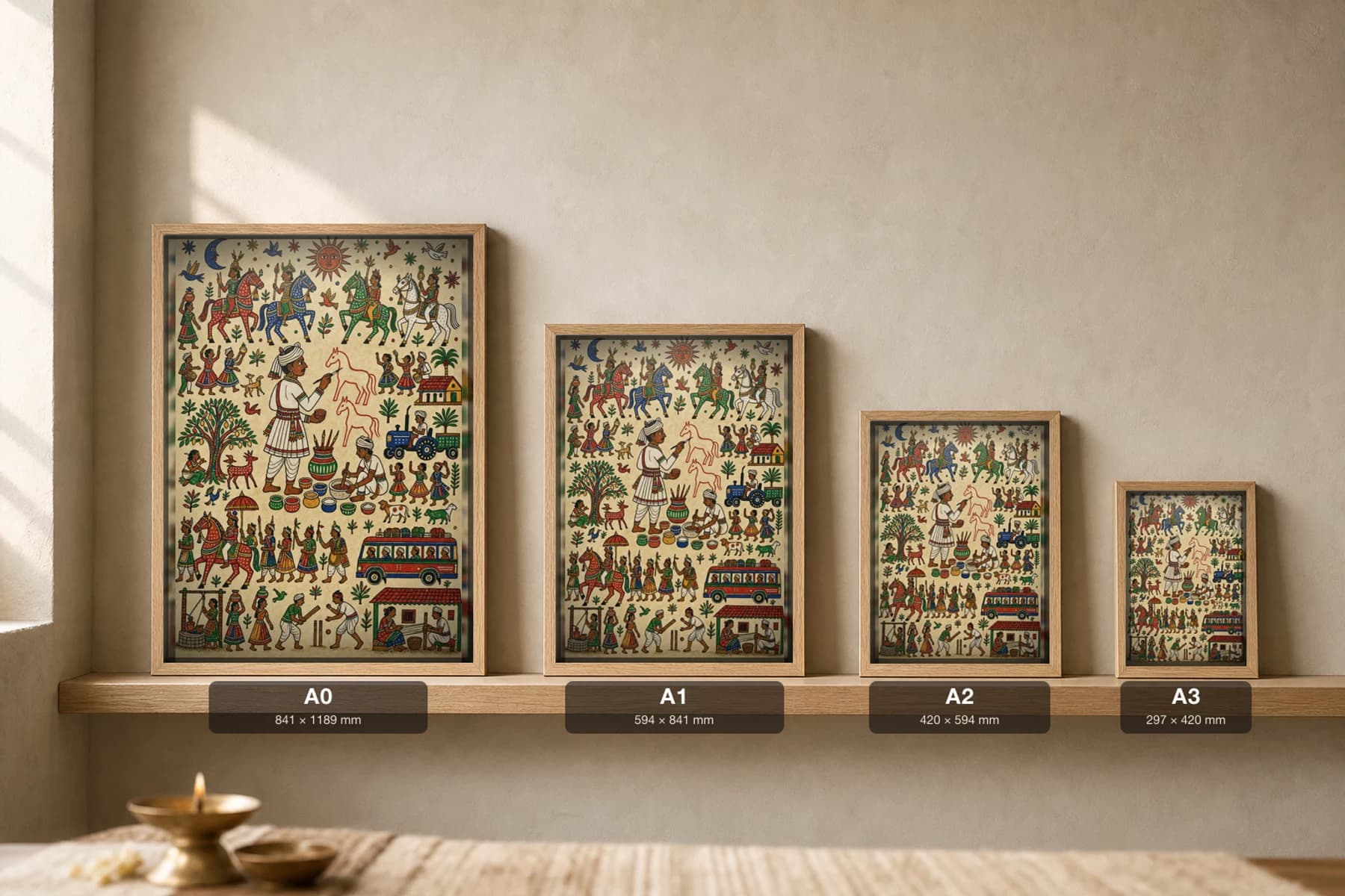 The Gor — the priest-painter drawing the horses on the wall · contemporary × Pithora fusion print · Rathwa-Bhil folk art of Chhota Udepur, Gujarat — print size guide showing the artwork at A0, A1, A2 and A3 in natural-oak frames at true relative scale