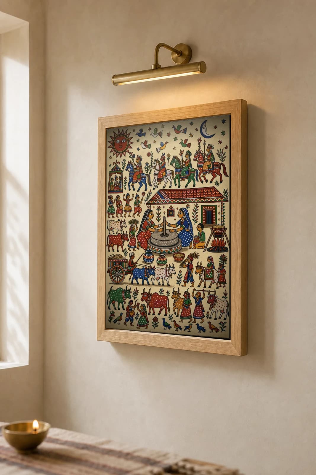 Grinding Grain — women at the stone hand-mill · classical Pithora ritual-mural print · Rathwa-Bhil folk art of Chhota Udepur, Gujarat — the framed print shown at a three-quarter angle on a styled gallery wall in a natural-oak frame