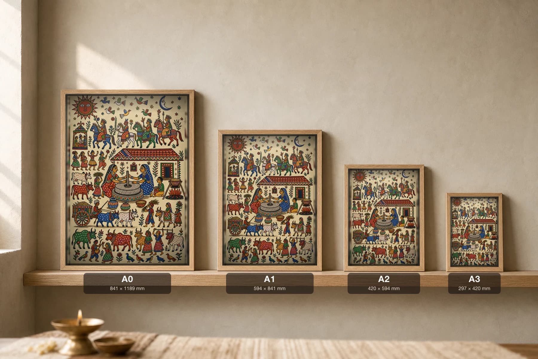 Grinding Grain — women at the stone hand-mill · classical Pithora ritual-mural print · Rathwa-Bhil folk art of Chhota Udepur, Gujarat — print size guide showing the artwork at A0, A1, A2 and A3 in natural-oak frames at true relative scale