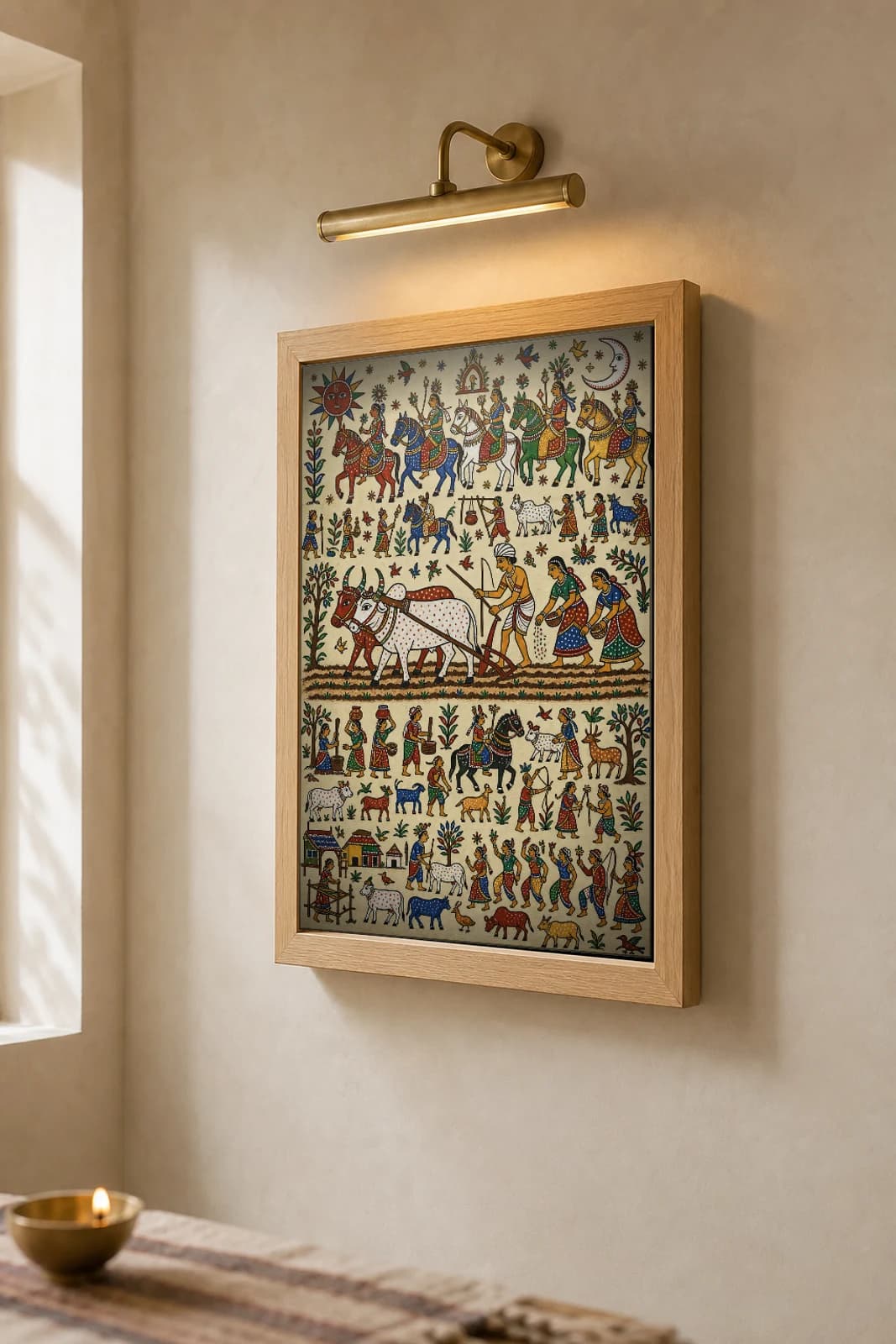 The Ploughing — the farmer and his bullock pair at the plough · classical Pithora ritual-mural print · Rathwa-Bhil folk art of Chhota Udepur, Gujarat — the framed print shown at a three-quarter angle on a styled gallery wall in a natural-oak frame