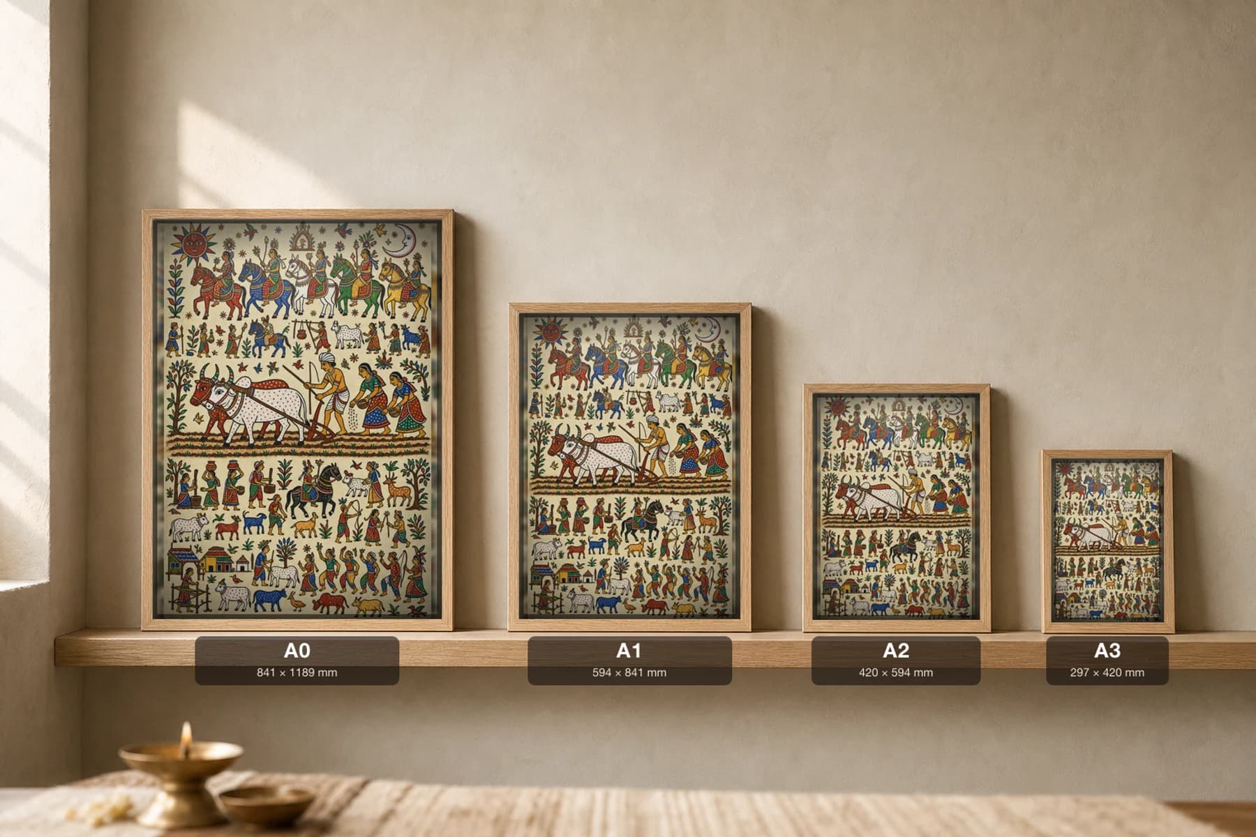 The Ploughing — the farmer and his bullock pair at the plough · classical Pithora ritual-mural print · Rathwa-Bhil folk art of Chhota Udepur, Gujarat — print size guide showing the artwork at A0, A1, A2 and A3 in natural-oak frames at true relative scale