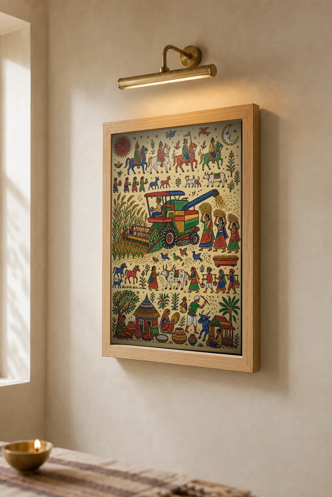The Harvester — the combine in the standing crop · contemporary × Pithora fusion print · Rathwa-Bhil folk art of Chhota Udepur, Gujarat — the framed print shown at a three-quarter angle on a styled gallery wall in a natural-oak frame