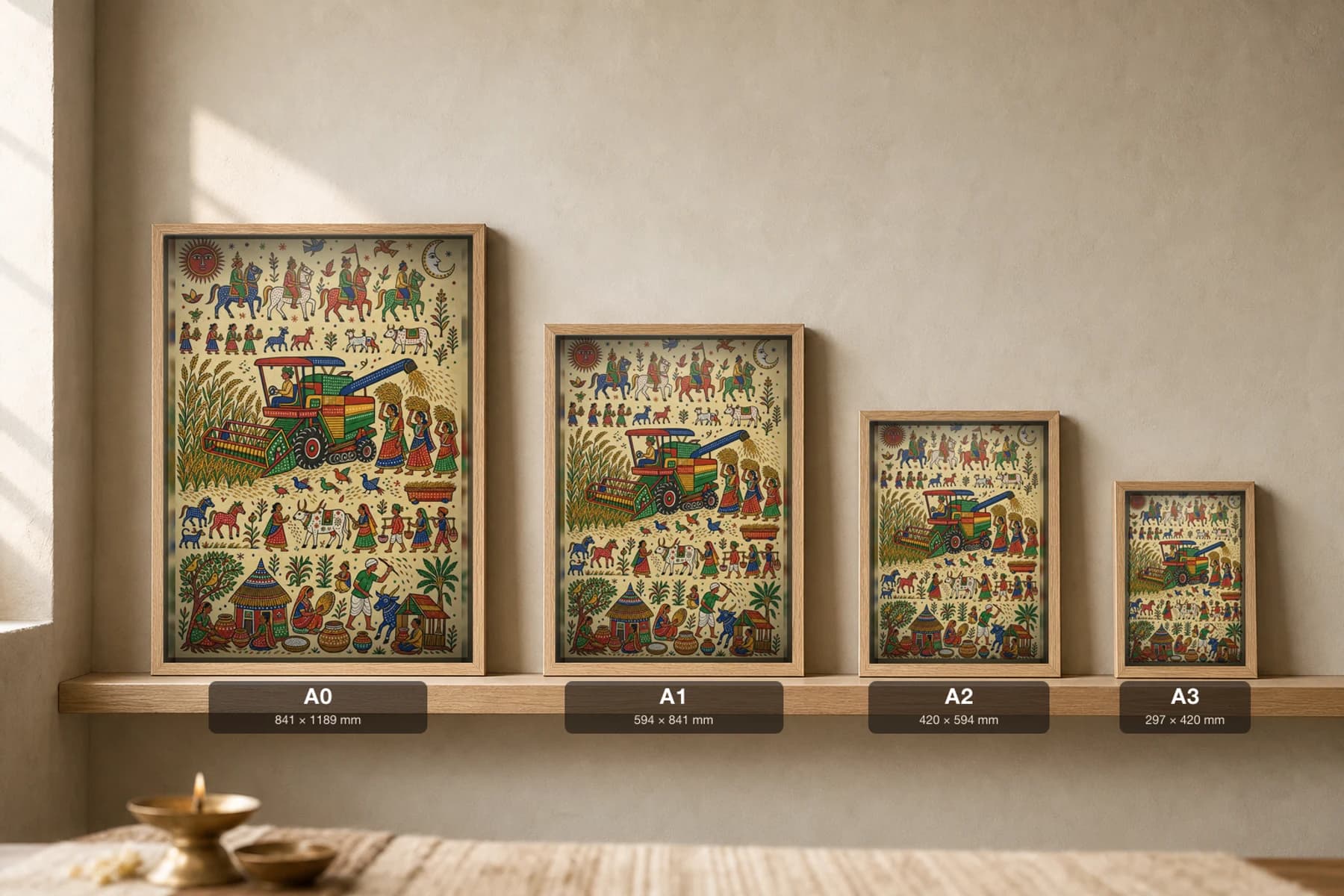 The Harvester — the combine in the standing crop · contemporary × Pithora fusion print · Rathwa-Bhil folk art of Chhota Udepur, Gujarat — print size guide showing the artwork at A0, A1, A2 and A3 in natural-oak frames at true relative scale