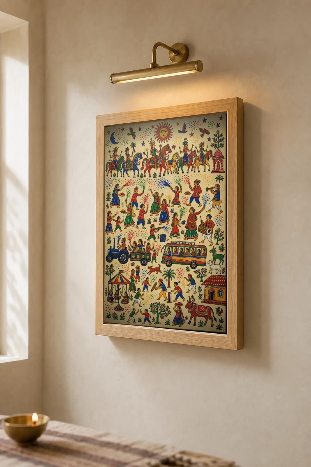 Holi — the colour-throw and the village in play · contemporary × Pithora fusion print · Rathwa-Bhil folk art of Chhota Udepur, Gujarat — the framed print shown at a three-quarter angle on a styled gallery wall in a natural-oak frame