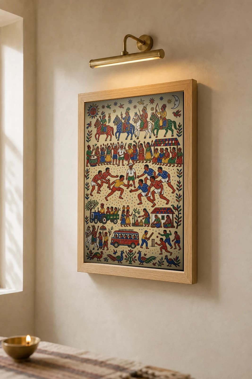 Kabaddi — the village match mid-raid · contemporary × Pithora fusion print · Rathwa-Bhil folk art of Chhota Udepur, Gujarat — the framed print shown at a three-quarter angle on a styled gallery wall in a natural-oak frame