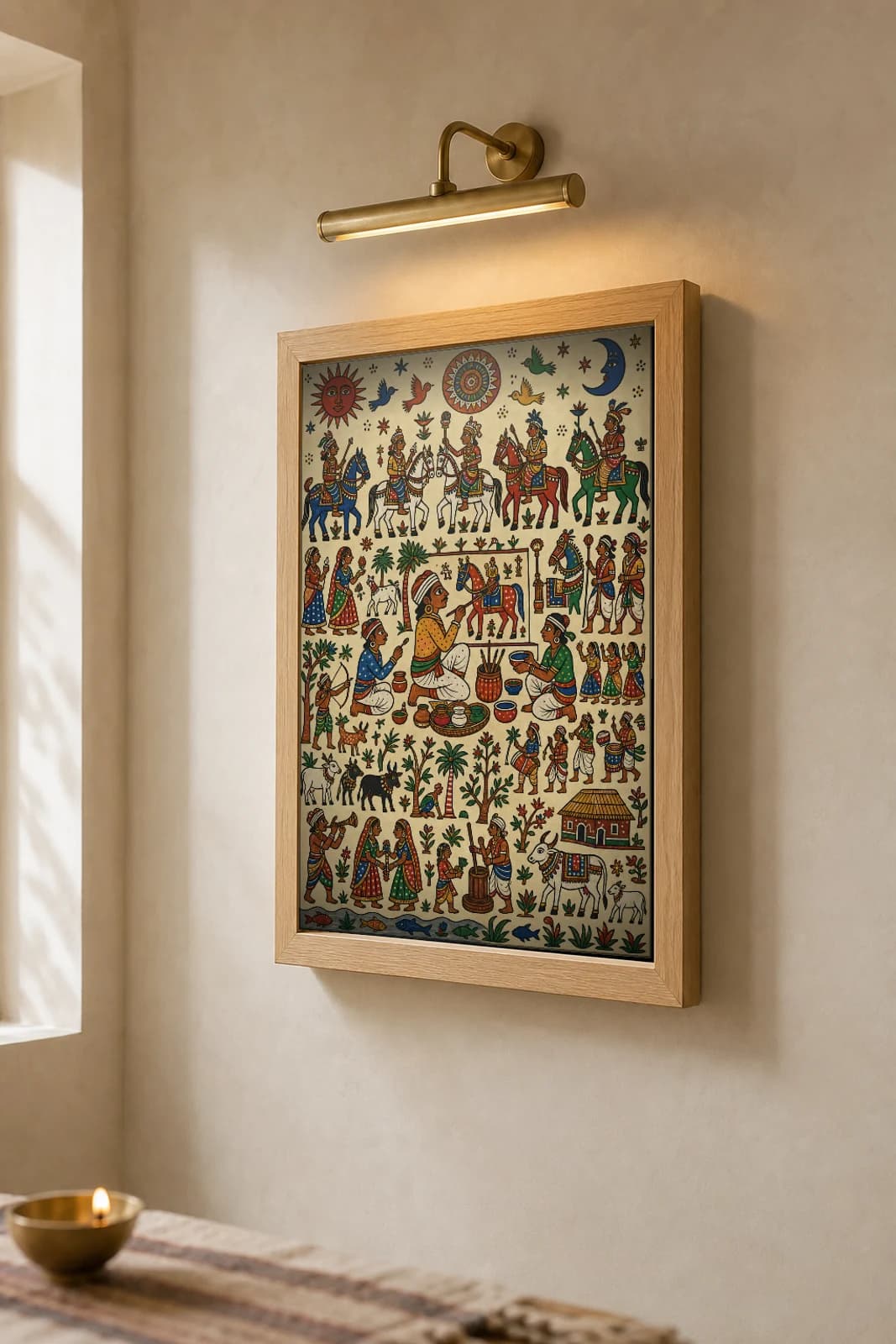 The Lakharo Pithora Print — the priest-painter at work on the sacred horse with his pigment pots · Rathwa-Bhil mural of Chhota Udepur, Gujarat · collector A2 — the framed print shown at a three-quarter angle on a styled gallery wall in a natural-oak frame