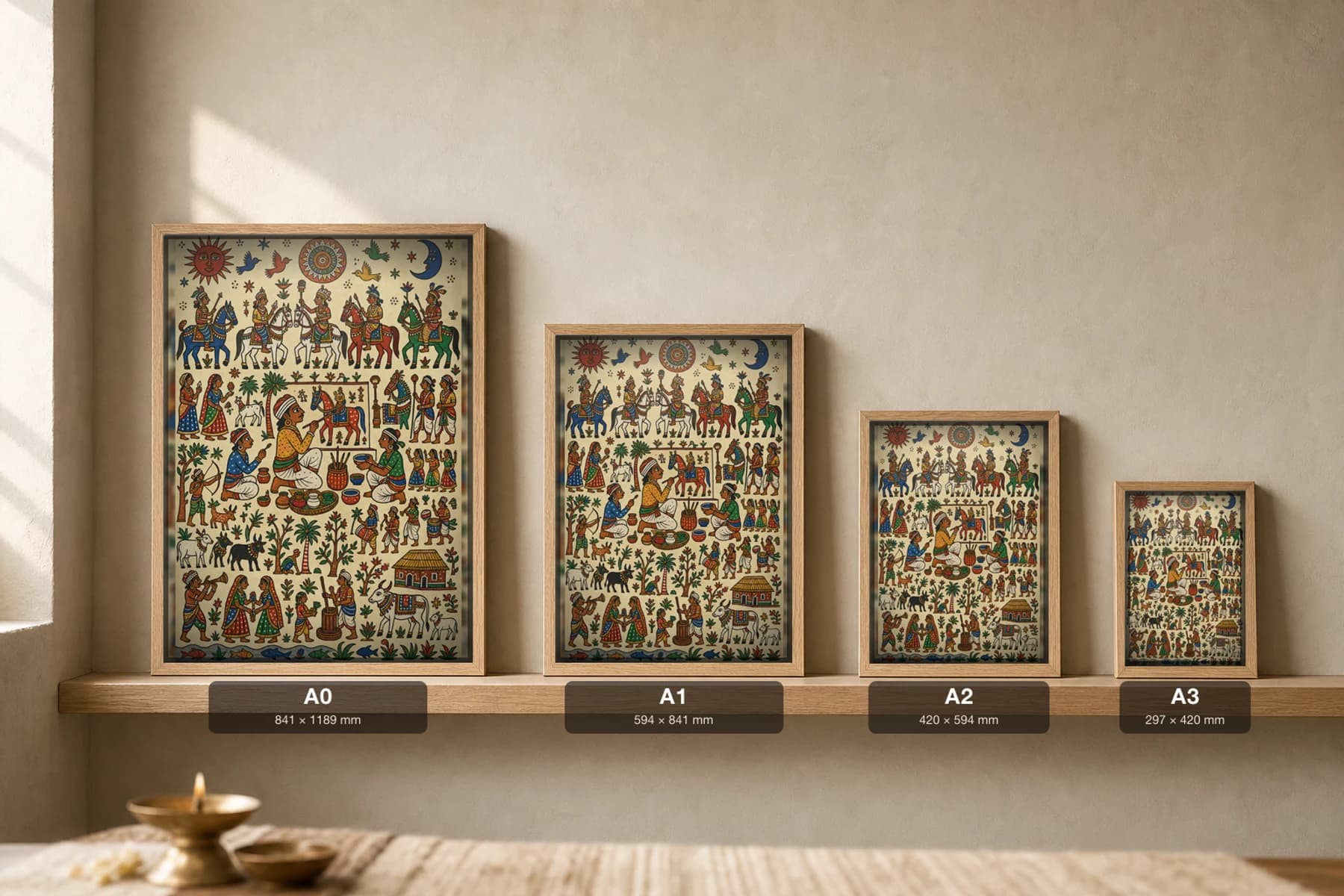 The Lakharo Pithora Print — the priest-painter at work on the sacred horse with his pigment pots · Rathwa-Bhil mural of Chhota Udepur, Gujarat · collector A2 — print size guide showing the artwork at A0, A1, A2 and A3 in natural-oak frames at true relative scale