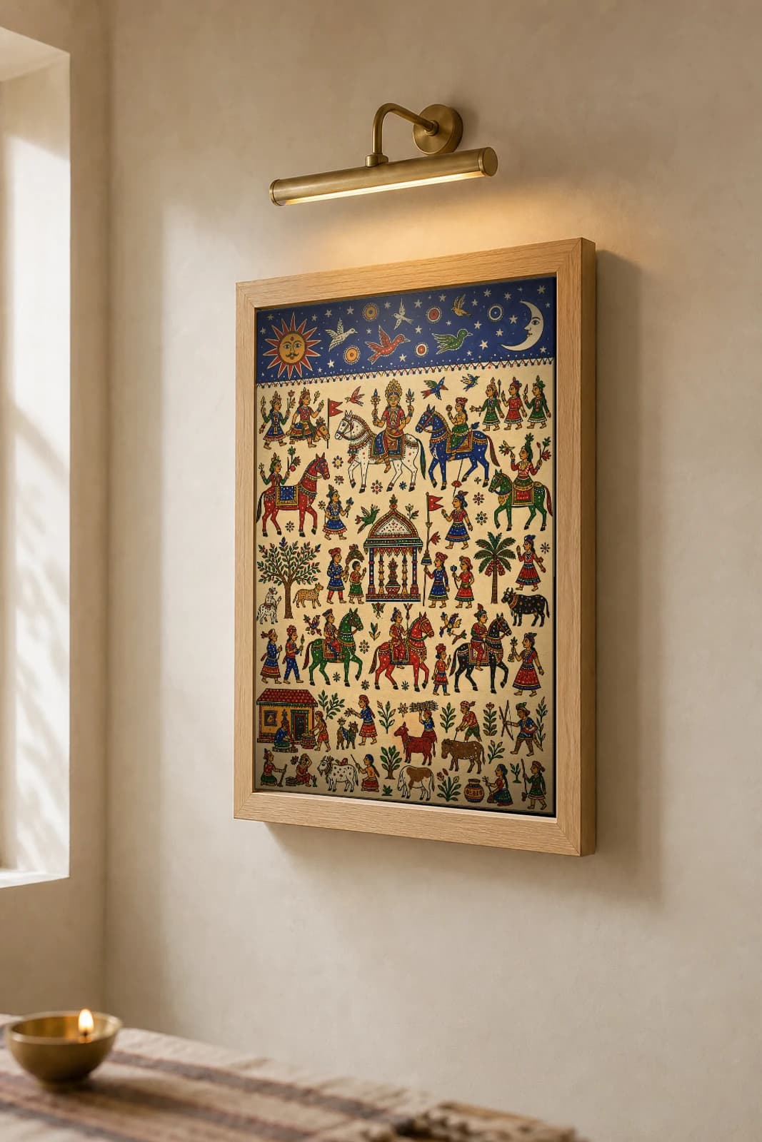 Star Register Pithora Print — an indigo night-sky band of sun, moon, stars and birds over a full ritual wall · Rathwa-Bhil mural of Chhota Udepur, Gujarat · collector A2 — the framed print shown at a three-quarter angle on a styled gallery wall in a natural-oak frame