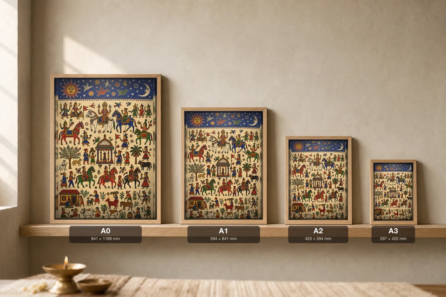 Star Register Pithora Print — an indigo night-sky band of sun, moon, stars and birds over a full ritual wall · Rathwa-Bhil mural of Chhota Udepur, Gujarat · collector A2 — print size guide showing the artwork at A0, A1, A2 and A3 in natural-oak frames at true relative scale