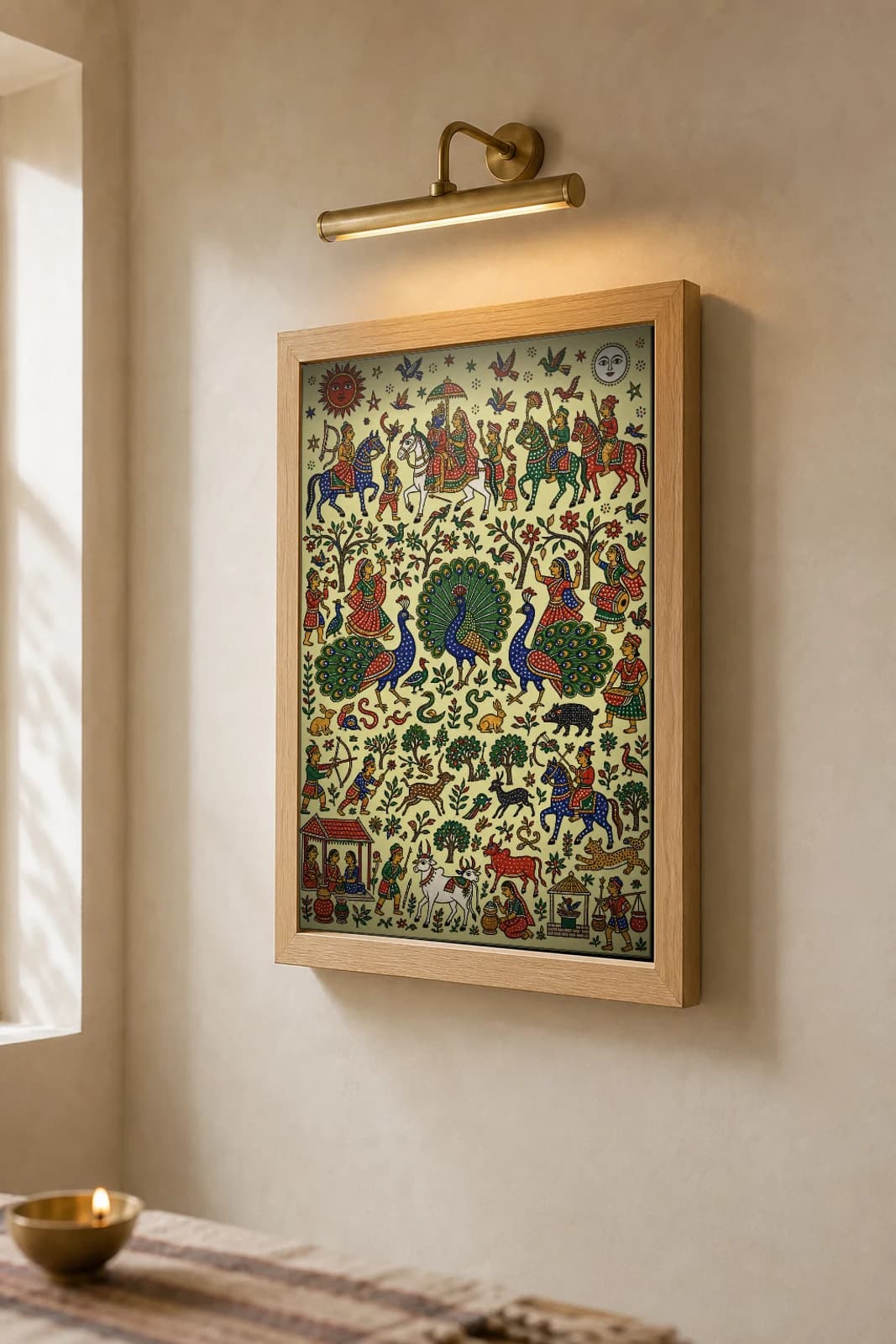 Peacock Dance Pithora Print — three displaying peacocks fanning across a forest wall of hunt and harvest · Rathwa-Bhil mural of Chhota Udepur, Gujarat · collector A2 — the framed print shown at a three-quarter angle on a styled gallery wall in a natural-oak frame