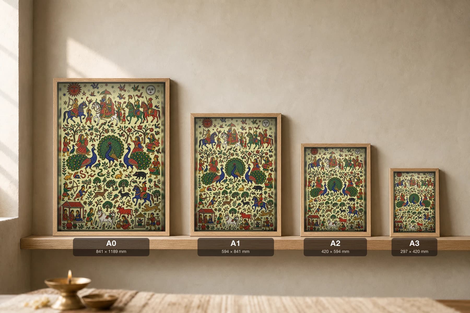 Peacock Dance Pithora Print — three displaying peacocks fanning across a forest wall of hunt and harvest · Rathwa-Bhil mural of Chhota Udepur, Gujarat · collector A2 — print size guide showing the artwork at A0, A1, A2 and A3 in natural-oak frames at true relative scale
