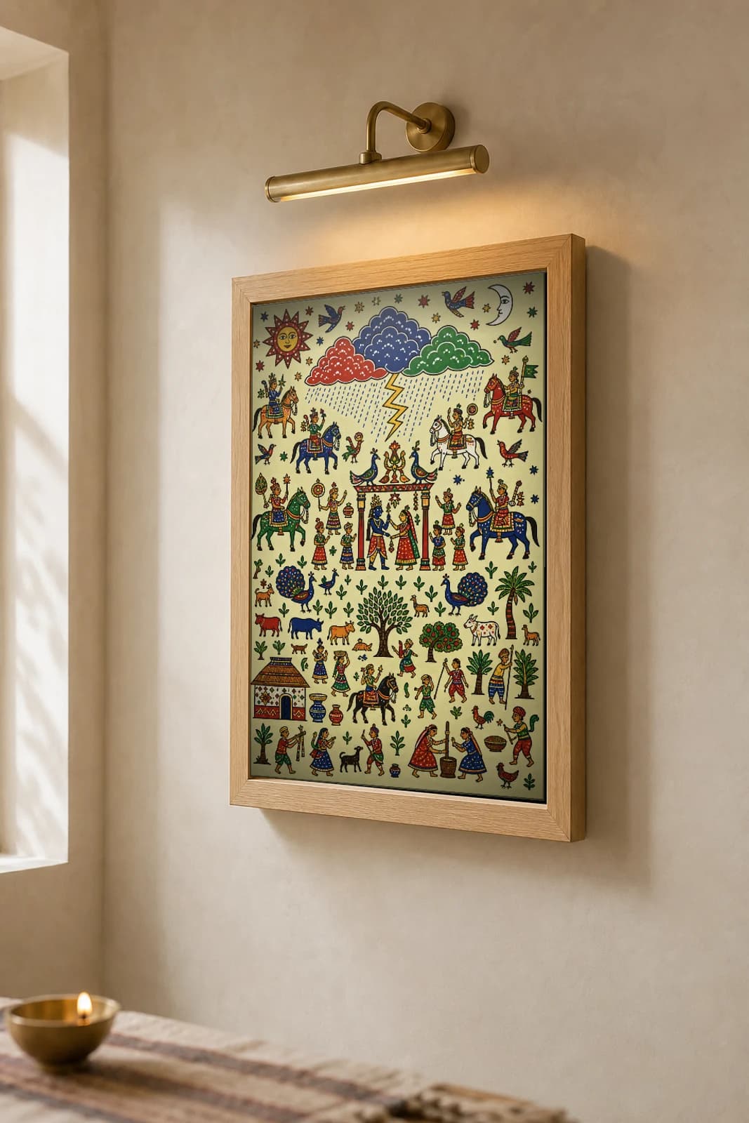 Monsoon Clouds Pithora Print — banked rainclouds with lightning and falling rain over a peacock-and-cattle wall · Rathwa-Bhil mural of Chhota Udepur, Gujarat · collector A2 — the framed print shown at a three-quarter angle on a styled gallery wall in a natural-oak frame