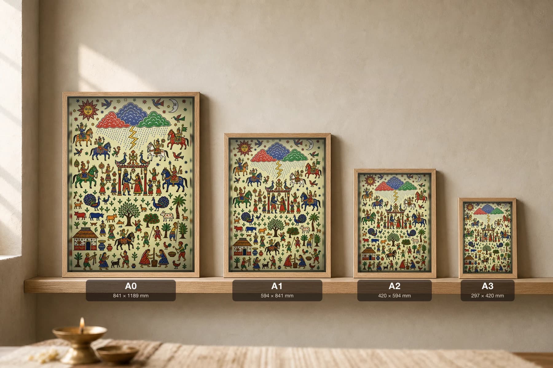 Monsoon Clouds Pithora Print — banked rainclouds with lightning and falling rain over a peacock-and-cattle wall · Rathwa-Bhil mural of Chhota Udepur, Gujarat · collector A2 — print size guide showing the artwork at A0, A1, A2 and A3 in natural-oak frames at true relative scale