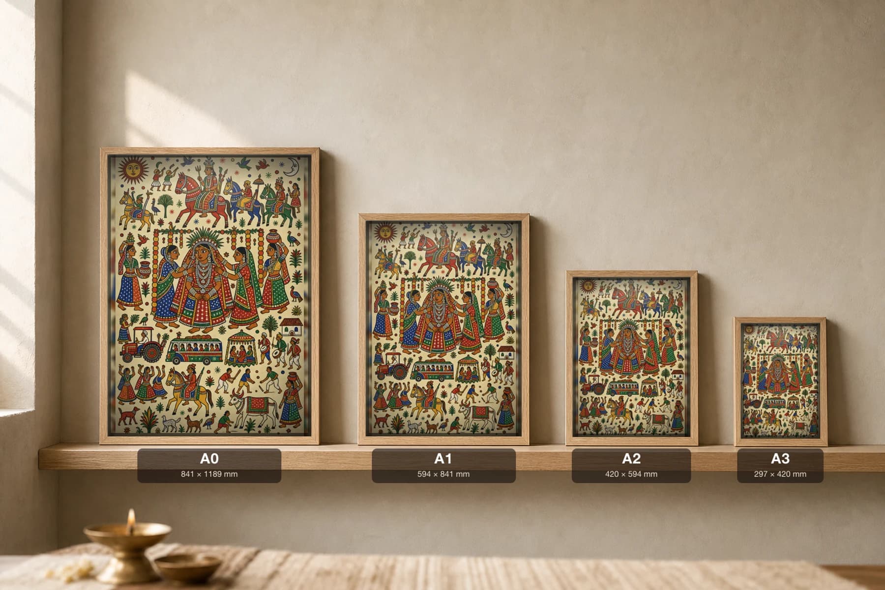 The Bride Pithora Print — a Rathwa bride in full silver ornaments adorned by attendants while a tractor and bus pass below · contemporary × Pithora fusion · collector A2 — print size guide showing the artwork at A0, A1, A2 and A3 in natural-oak frames at true relative scale