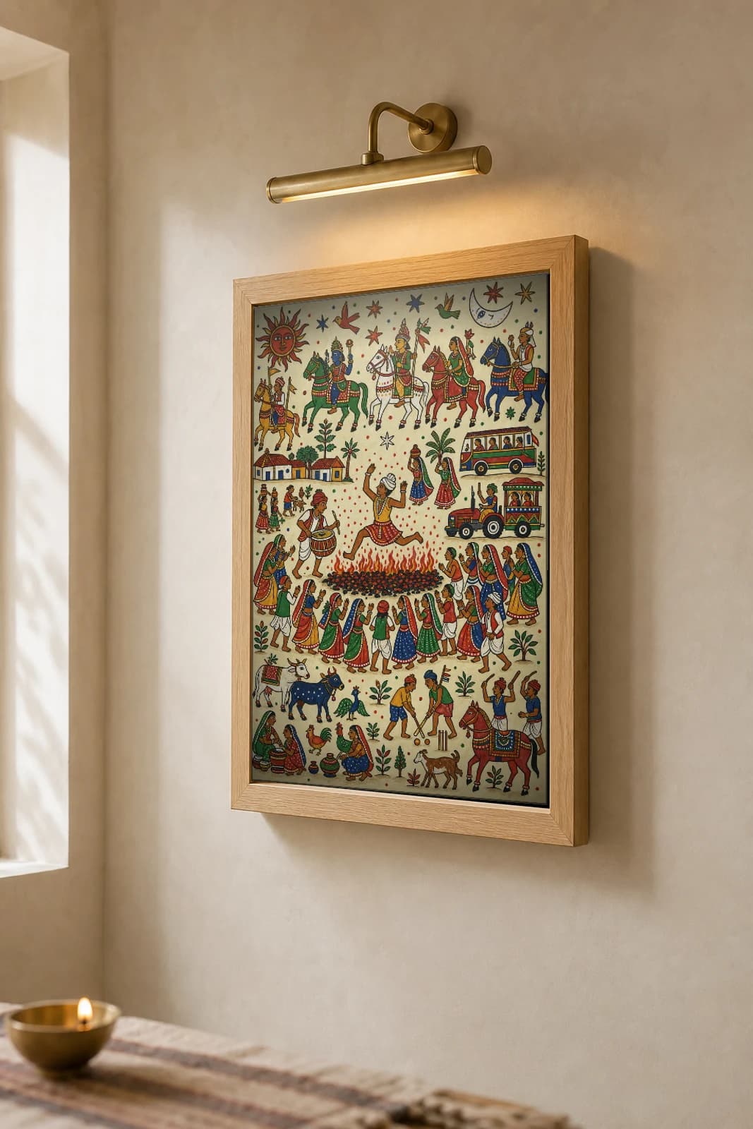 The Chul Pithora Print — a devotee leaping the fire-pit ritual ringed by drummers and crowd · contemporary × Pithora fusion · collector A2 — the framed print shown at a three-quarter angle on a styled gallery wall in a natural-oak frame