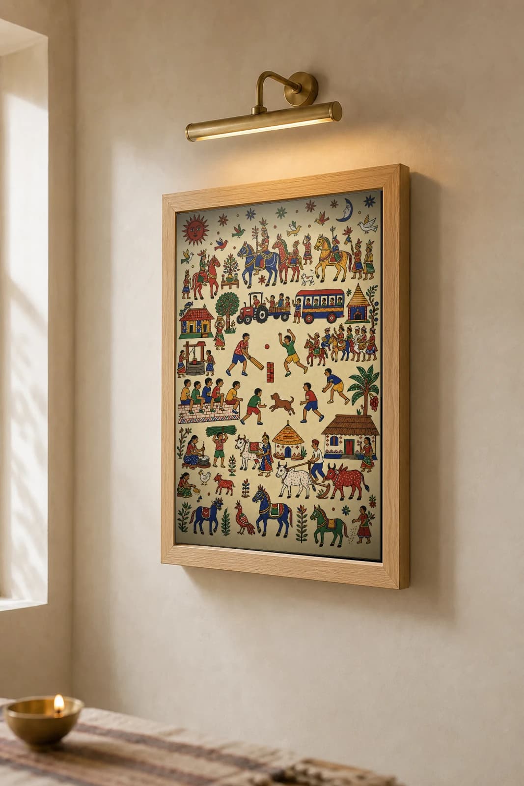 Gully Cricket Pithora Print — a village cricket match mid-stroke among horses, school, tractor and bus · contemporary × Pithora fusion · collector A2 — the framed print shown at a three-quarter angle on a styled gallery wall in a natural-oak frame