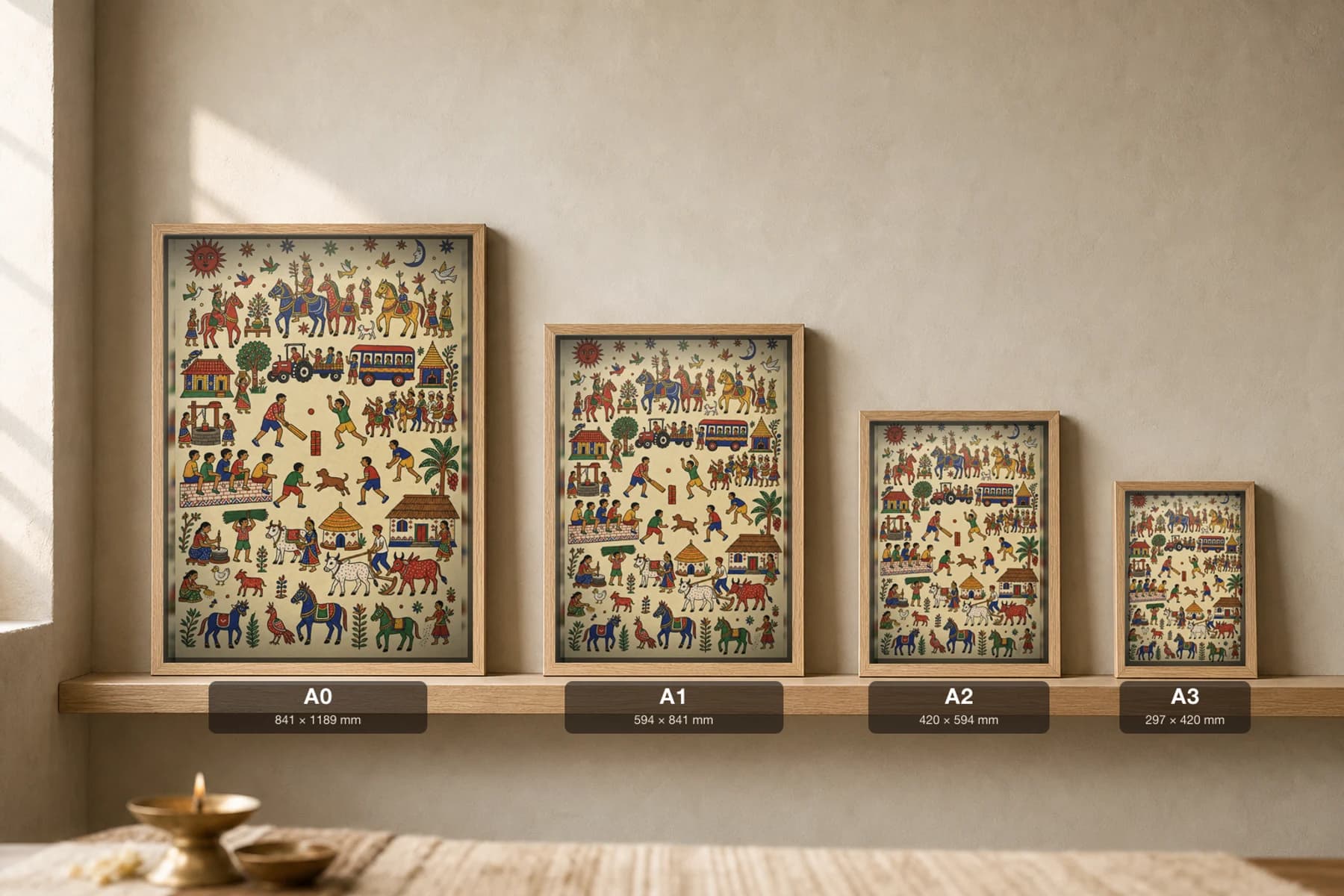 Gully Cricket Pithora Print — a village cricket match mid-stroke among horses, school, tractor and bus · contemporary × Pithora fusion · collector A2 — print size guide showing the artwork at A0, A1, A2 and A3 in natural-oak frames at true relative scale