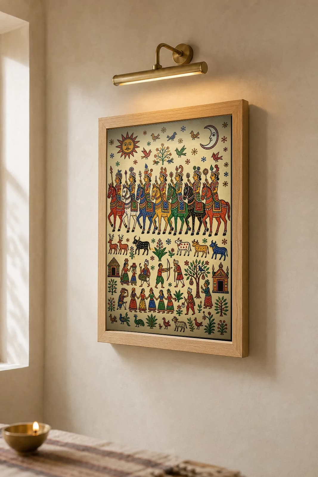 Seven Horses Pithora Print — a row of deity-bearing mounts under sun and moon · Rathwa-Bhil ritual mural of Chhota Udepur, Gujarat · collector A2 — the framed print shown at a three-quarter angle on a styled gallery wall in a natural-oak frame