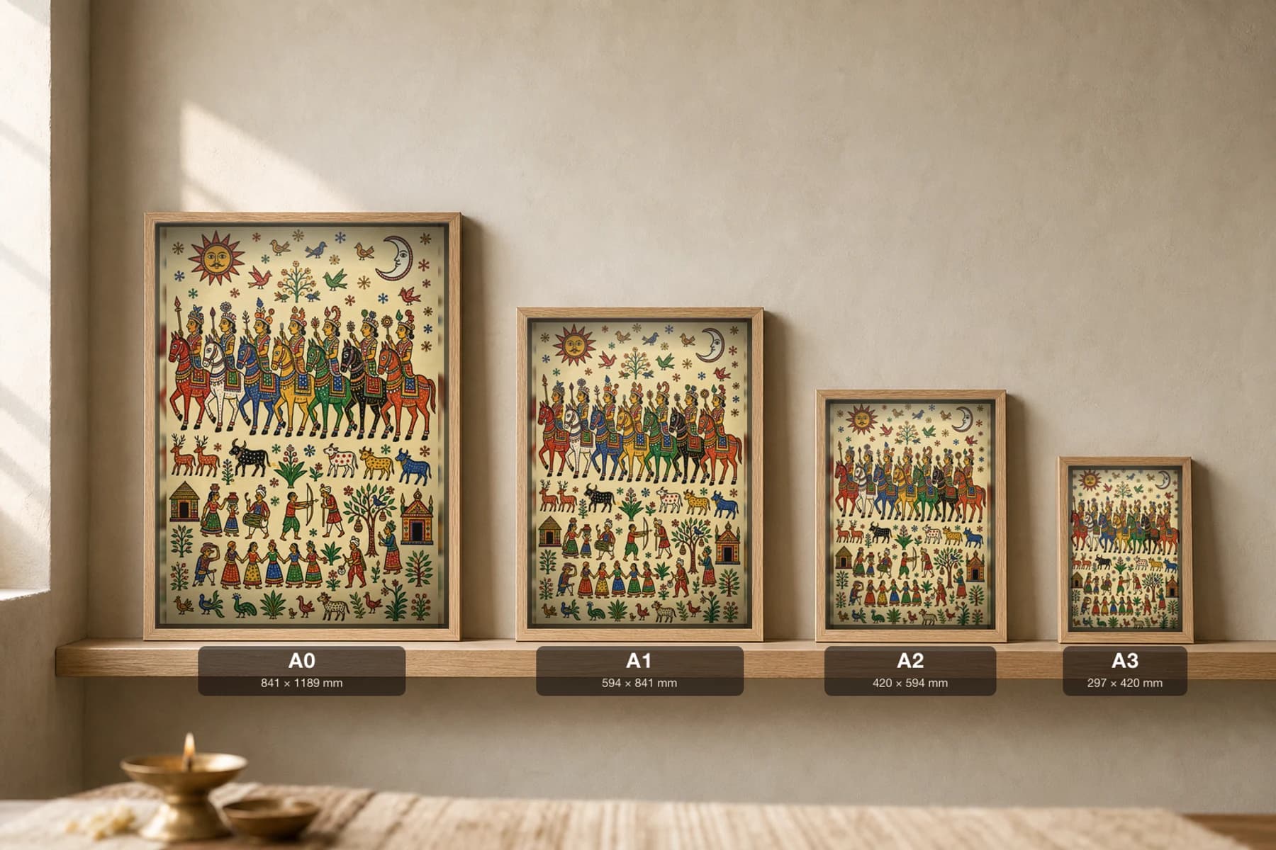 Seven Horses Pithora Print — a row of deity-bearing mounts under sun and moon · Rathwa-Bhil ritual mural of Chhota Udepur, Gujarat · collector A2 — print size guide showing the artwork at A0, A1, A2 and A3 in natural-oak frames at true relative scale