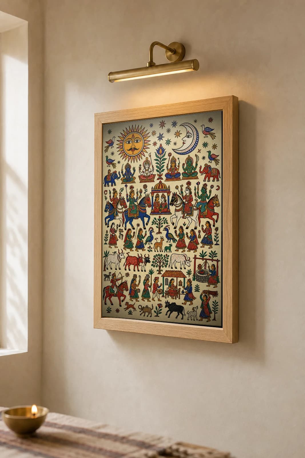 Sun and Moon Pithora Print — a great rayed sun and crescent moon crowning a full ritual wall · Rathwa-Bhil mural of Chhota Udepur, Gujarat · collector A2 — the framed print shown at a three-quarter angle on a styled gallery wall in a natural-oak frame