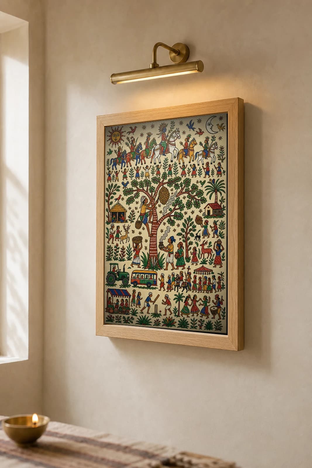 The Honey Gatherers Pithora Print — a forager scaling a tree to a hive while a tractor and village bus pass below · contemporary × Pithora fusion · collector A2 — the framed print shown at a three-quarter angle on a styled gallery wall in a natural-oak frame