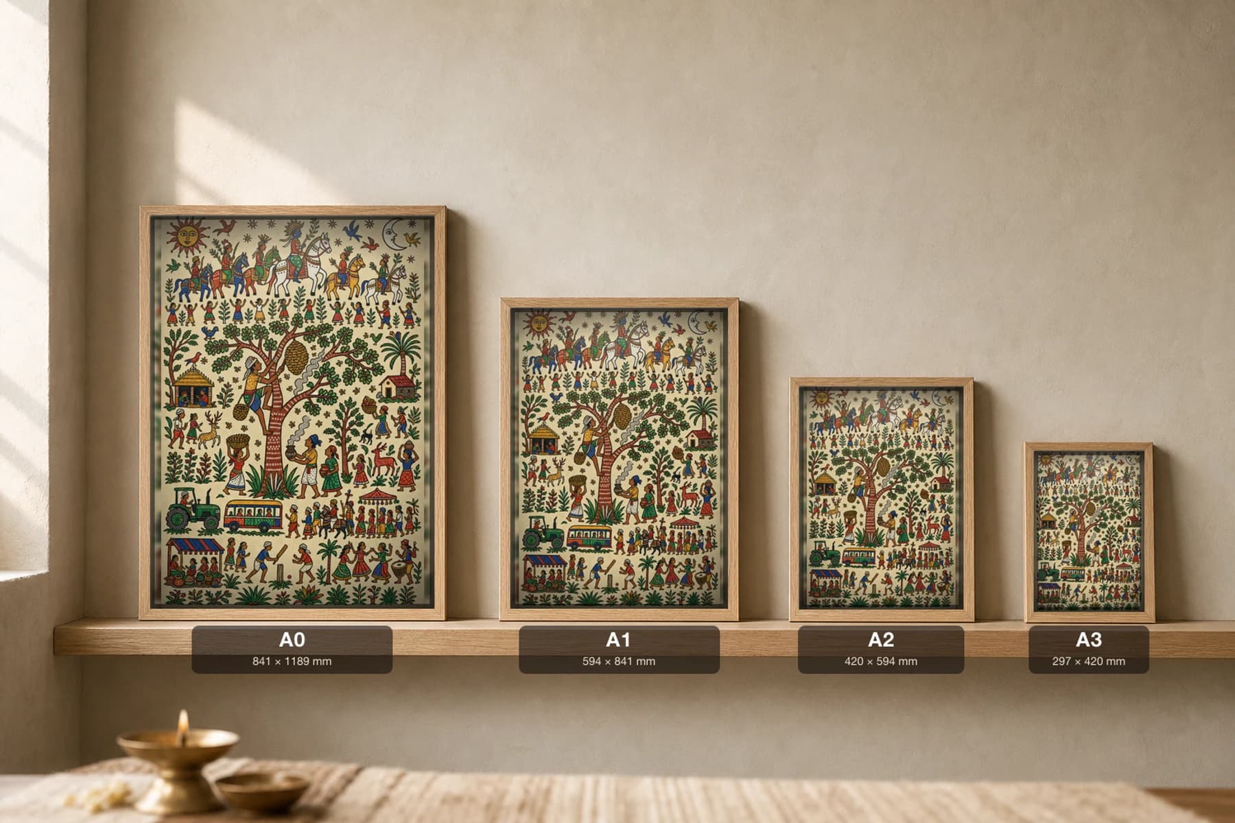 The Honey Gatherers Pithora Print — a forager scaling a tree to a hive while a tractor and village bus pass below · contemporary × Pithora fusion · collector A2 — print size guide showing the artwork at A0, A1, A2 and A3 in natural-oak frames at true relative scale