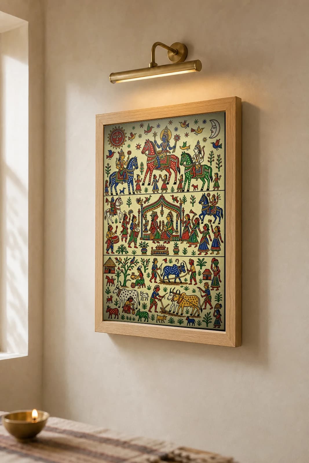 Three Worlds Pithora Print — gods, divine wedding and earthly toil stacked in three registers · Rathwa-Bhil ritual mural of Chhota Udepur, Gujarat · collector A2 — the framed print shown at a three-quarter angle on a styled gallery wall in a natural-oak frame
