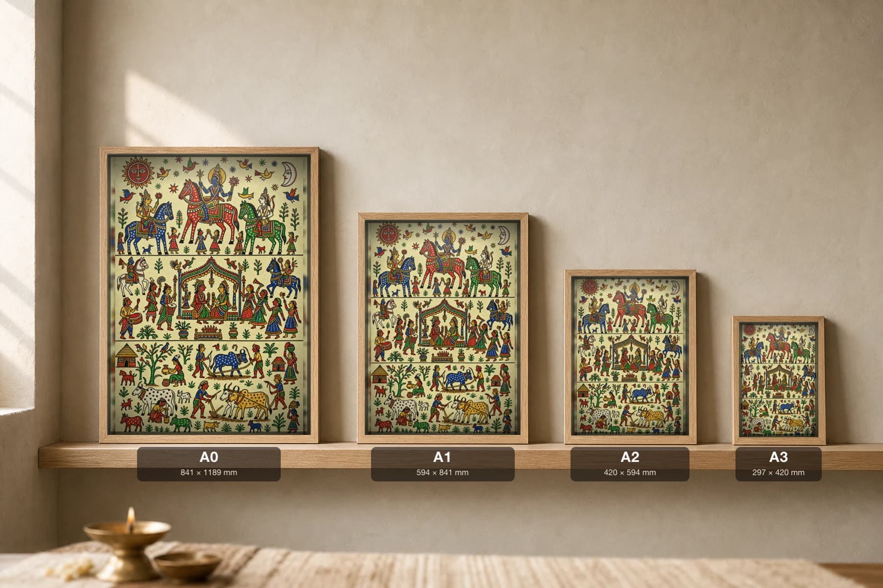Three Worlds Pithora Print — gods, divine wedding and earthly toil stacked in three registers · Rathwa-Bhil ritual mural of Chhota Udepur, Gujarat · collector A2 — print size guide showing the artwork at A0, A1, A2 and A3 in natural-oak frames at true relative scale