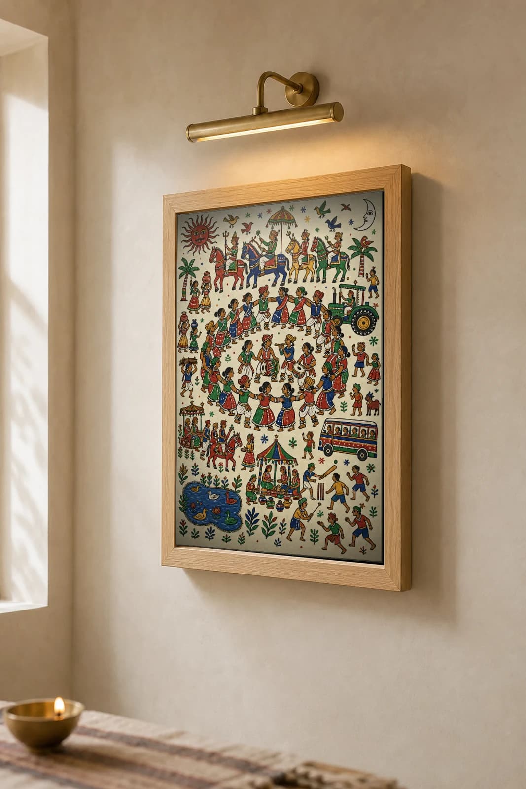 The Timli Pithora Print — a great ring of Rathwa timli dancers around the drummers, with carousel, tractor and bus · contemporary × Pithora fusion · collector A2 — the framed print shown at a three-quarter angle on a styled gallery wall in a natural-oak frame