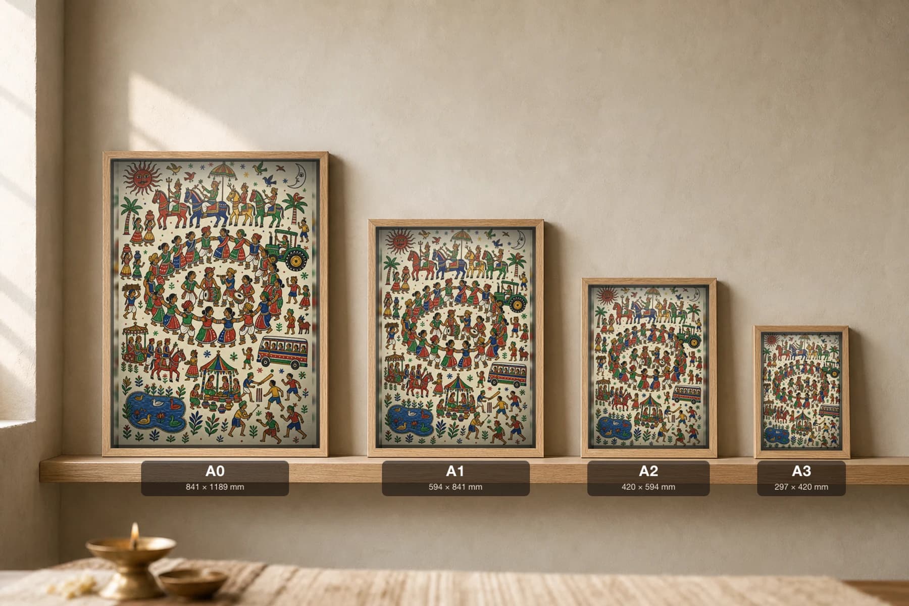 The Timli Pithora Print — a great ring of Rathwa timli dancers around the drummers, with carousel, tractor and bus · contemporary × Pithora fusion · collector A2 — print size guide showing the artwork at A0, A1, A2 and A3 in natural-oak frames at true relative scale