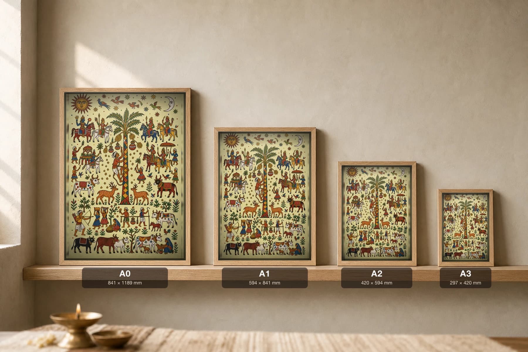 Toddy Tapper Pithora Print — a climber drawing palm sap from a central tree among cattle and deer · Rathwa-Bhil mural of Chhota Udepur, Gujarat · collector A2 — print size guide showing the artwork at A0, A1, A2 and A3 in natural-oak frames at true relative scale