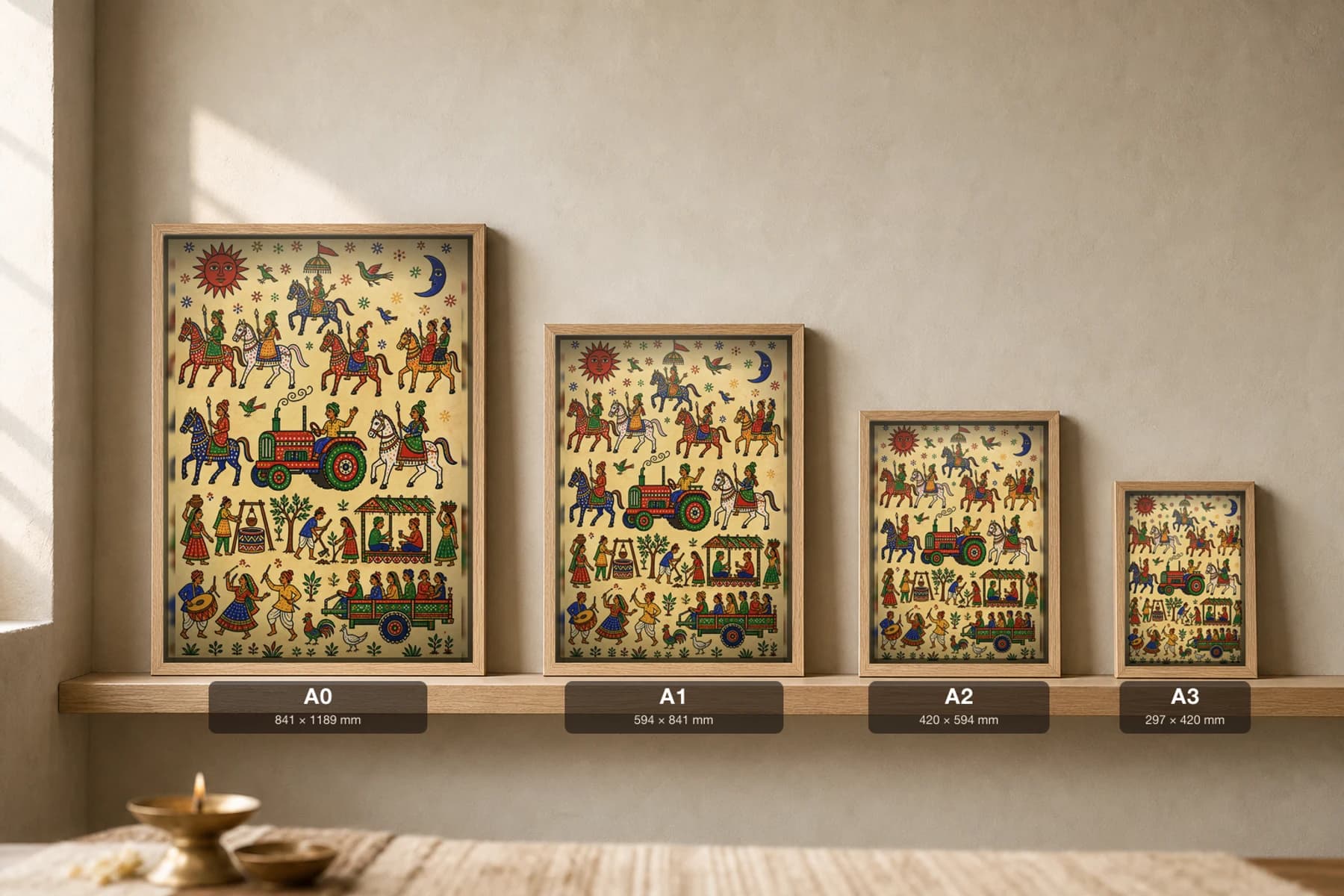 The Tractor Pithora Print — a red tractor riding among the deity horse procession · contemporary × Pithora fusion · collector A2 — print size guide showing the artwork at A0, A1, A2 and A3 in natural-oak frames at true relative scale