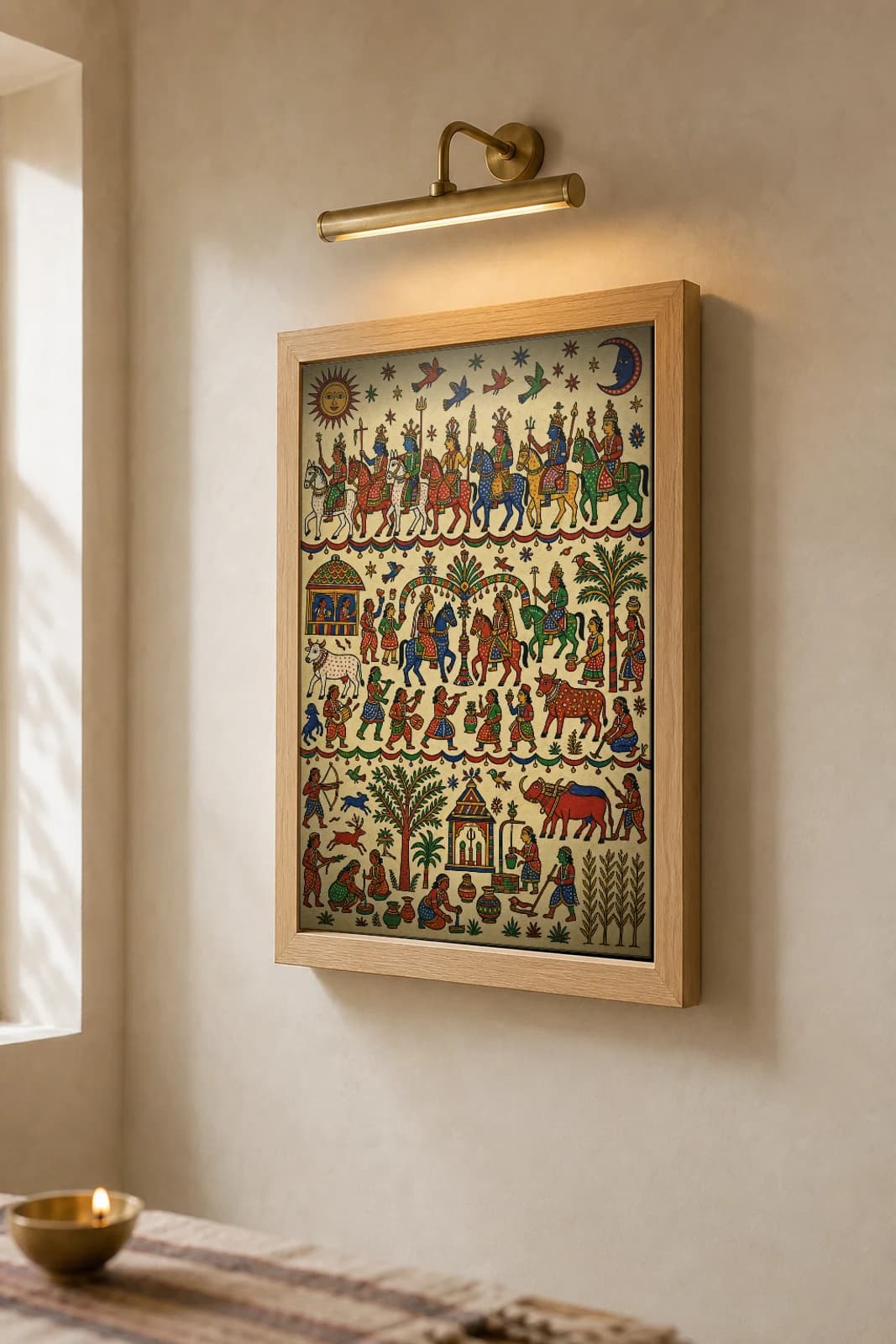 Deity Register Pithora Print — the heavens band of mounted gods under sun and moon above a wedding canopy · Rathwa-Bhil ritual mural of Chhota Udepur, Gujarat · collector A2 — the framed print shown at a three-quarter angle on a styled gallery wall in a natural-oak frame