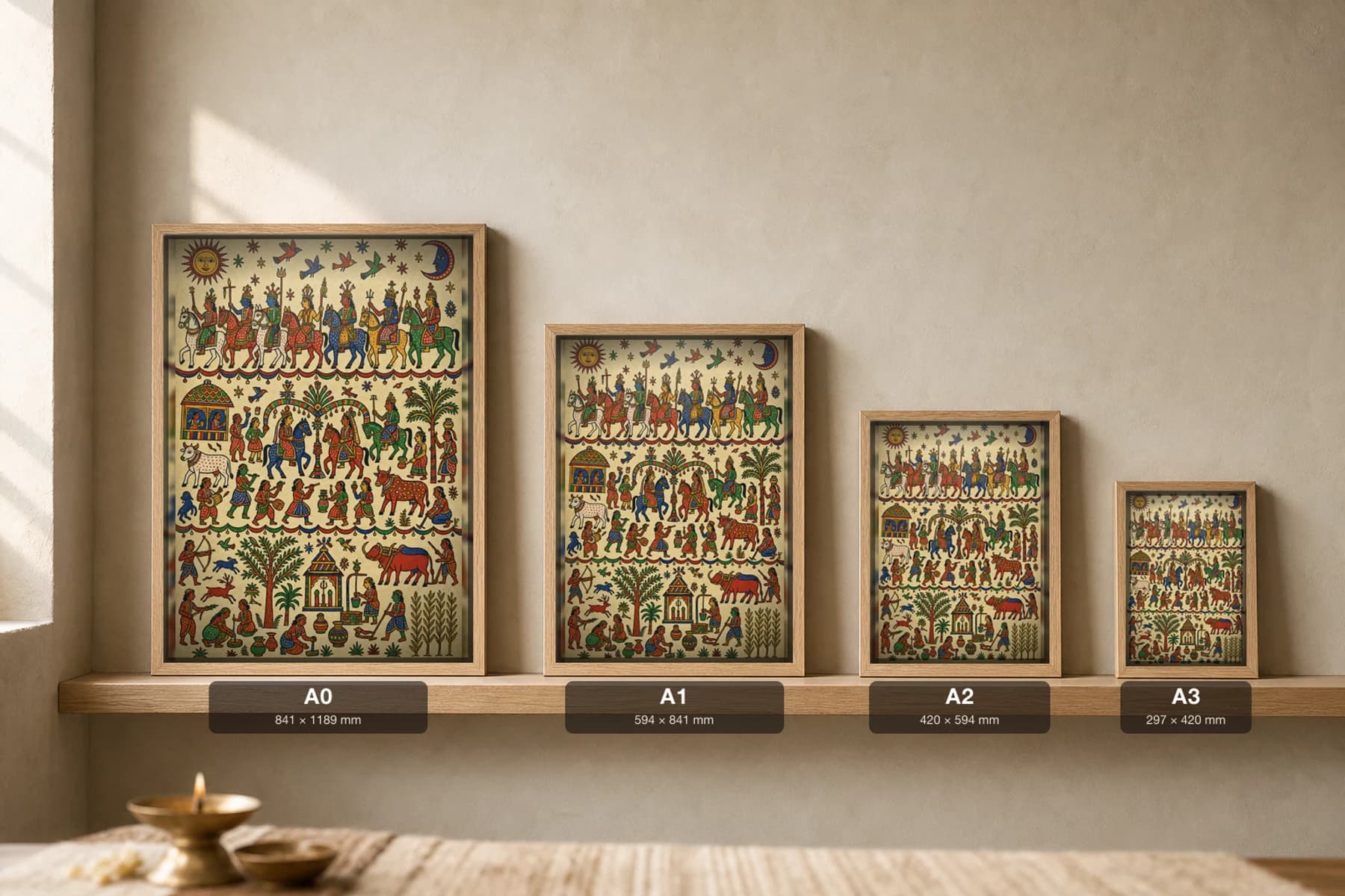 Deity Register Pithora Print — the heavens band of mounted gods under sun and moon above a wedding canopy · Rathwa-Bhil ritual mural of Chhota Udepur, Gujarat · collector A2 — print size guide showing the artwork at A0, A1, A2 and A3 in natural-oak frames at true relative scale