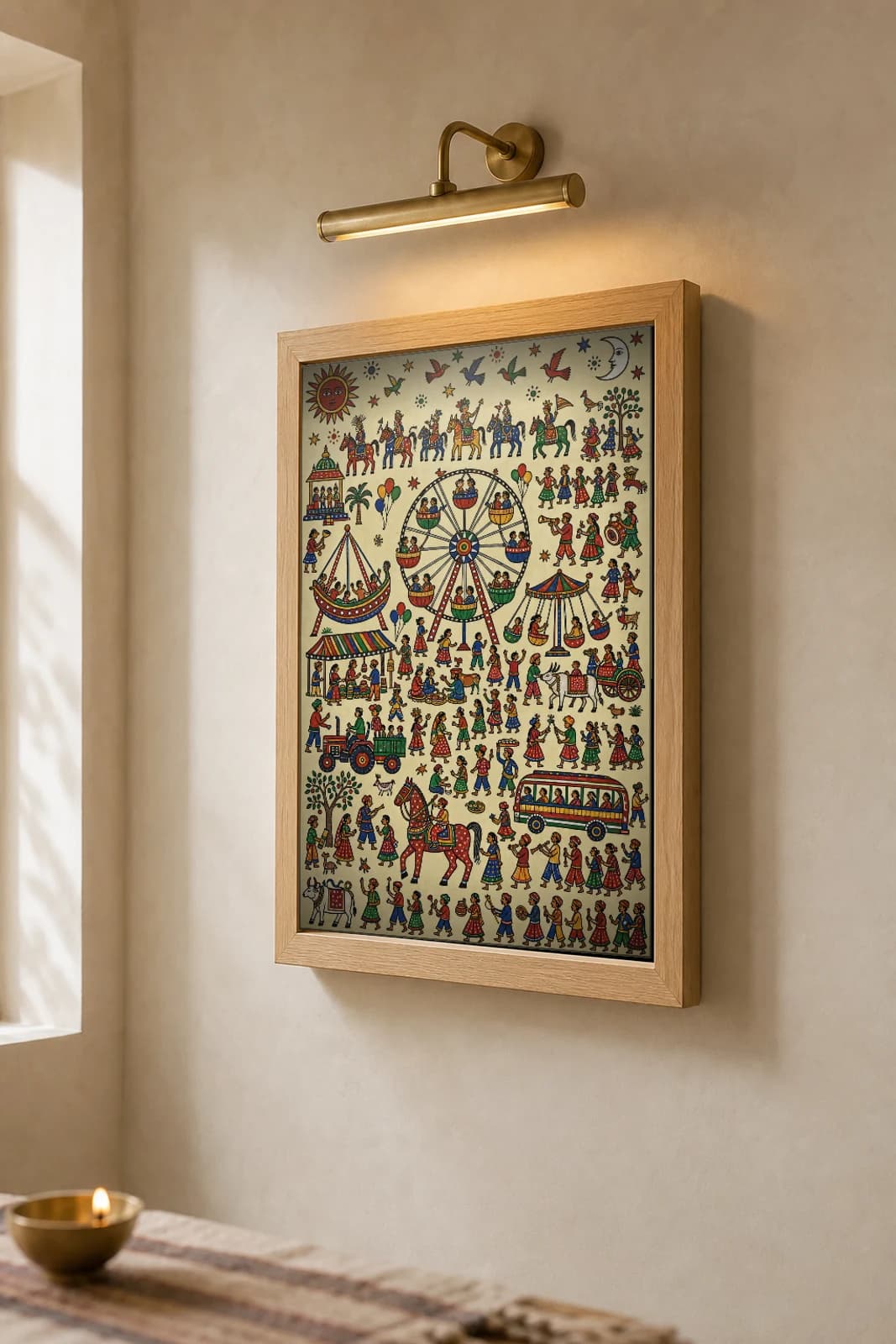 The Mela Pithora Print — a village fair with a giant wheel, carousel and stalls, tractor and bus among the crowd · contemporary × Pithora fusion · collector A2 — the framed print shown at a three-quarter angle on a styled gallery wall in a natural-oak frame